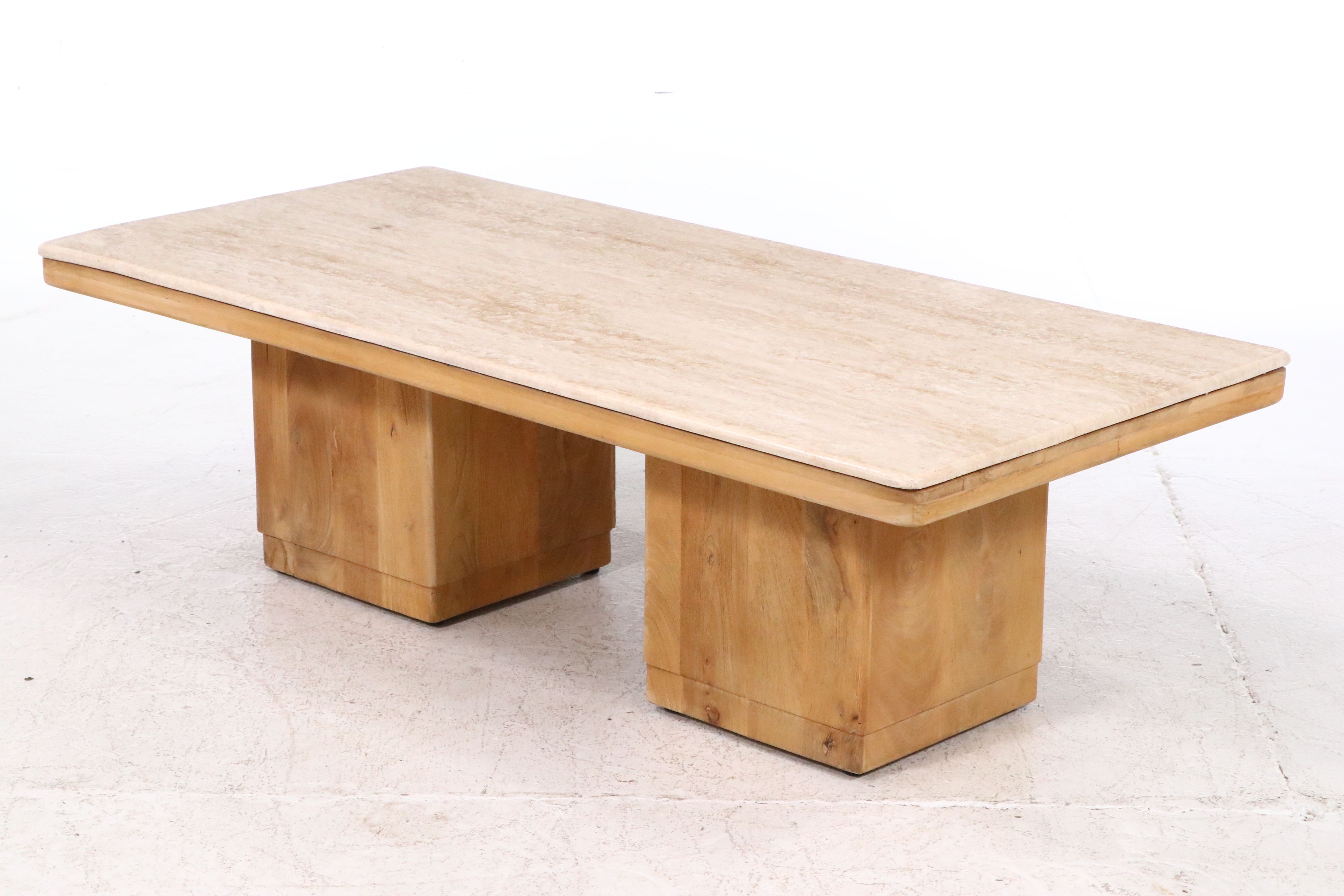 Contemporary Style Stone Top Wooden Pedestal Coffee and Side Tables