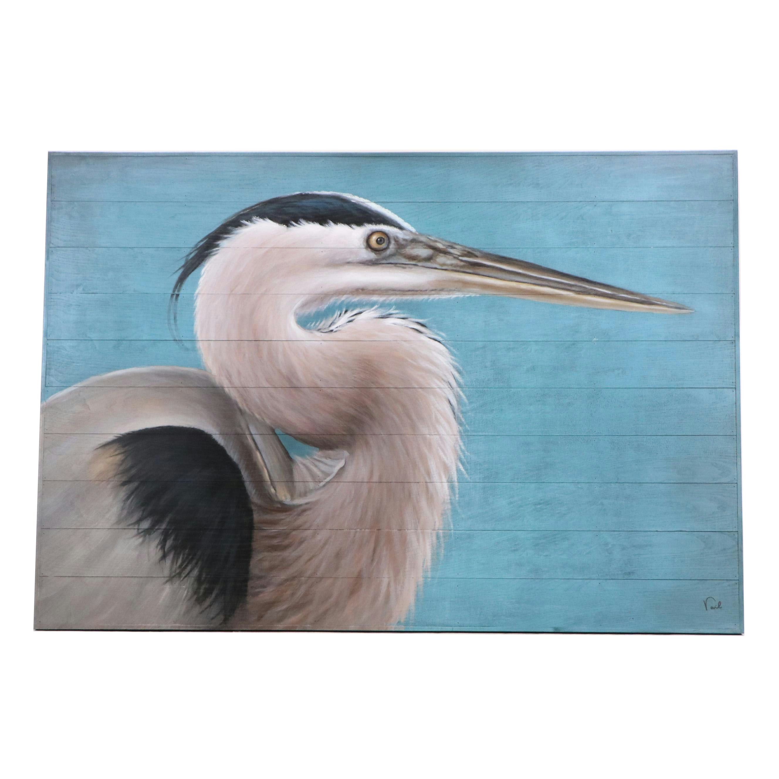 Vail Oil Painting on Wood "Heron on Blue," 2025