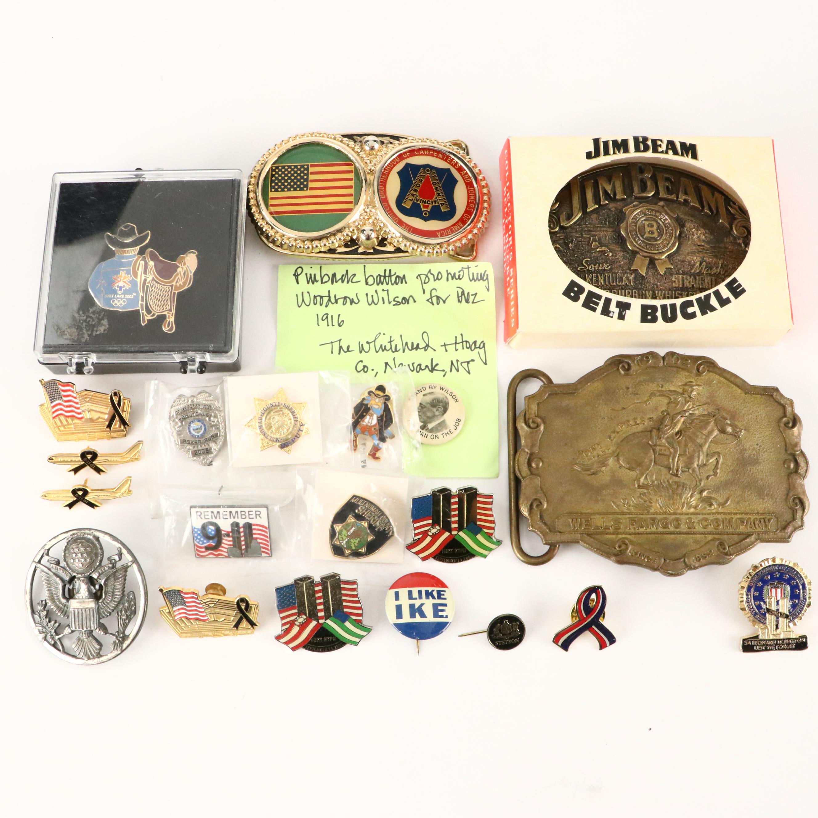 Wells Fargo Pony Express Brass Belt Buckle with Political and Commemorative Pins