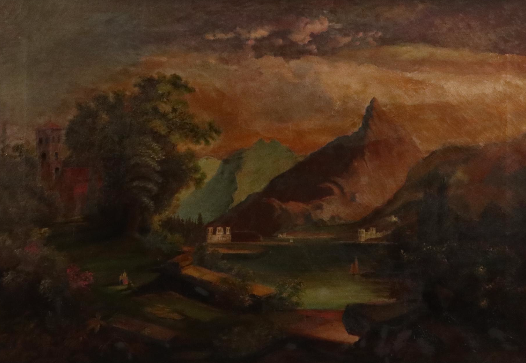 European School Landscape Oil Painting with Mountains, Lake, and Tower