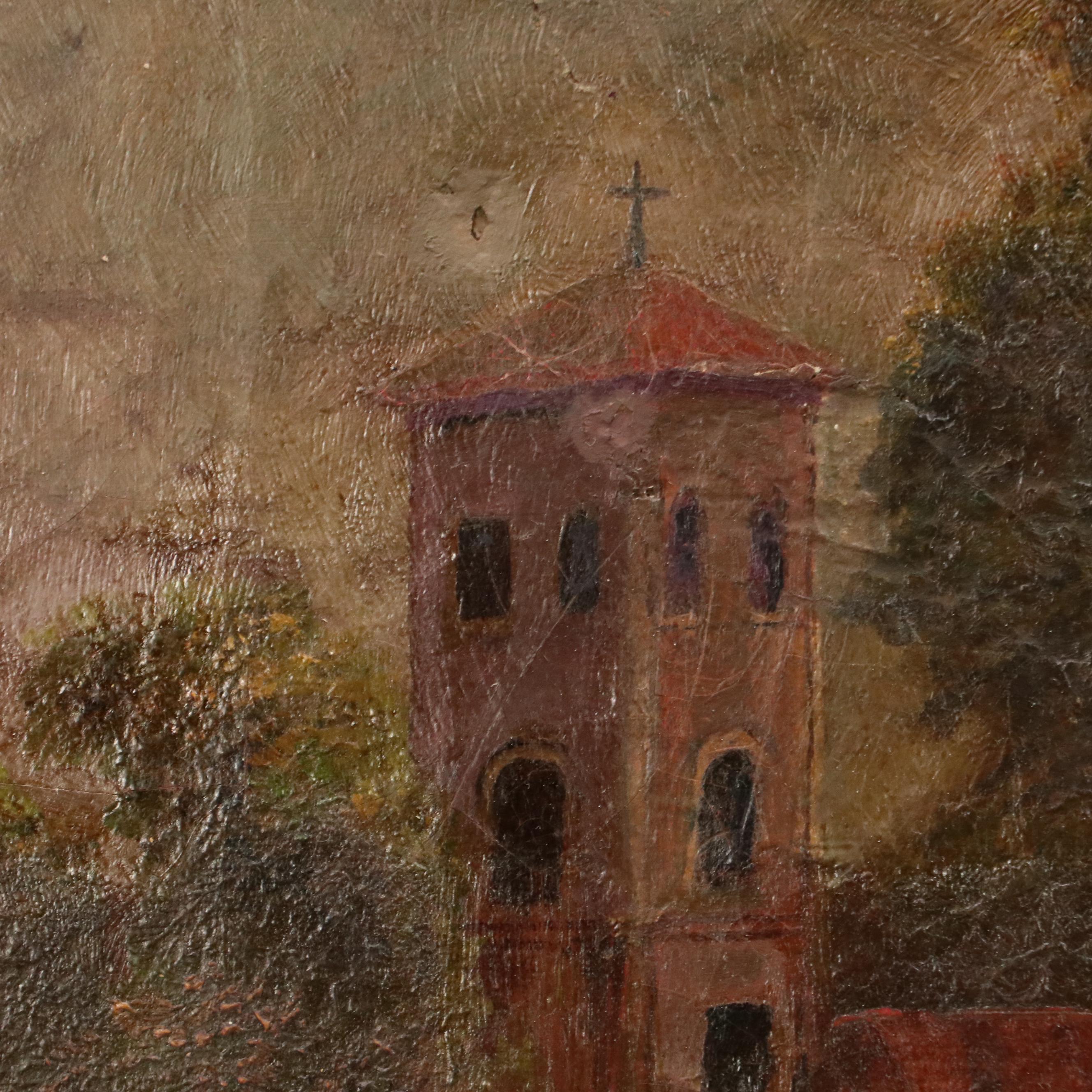 European School Landscape Oil Painting with Mountains, Lake, and Tower