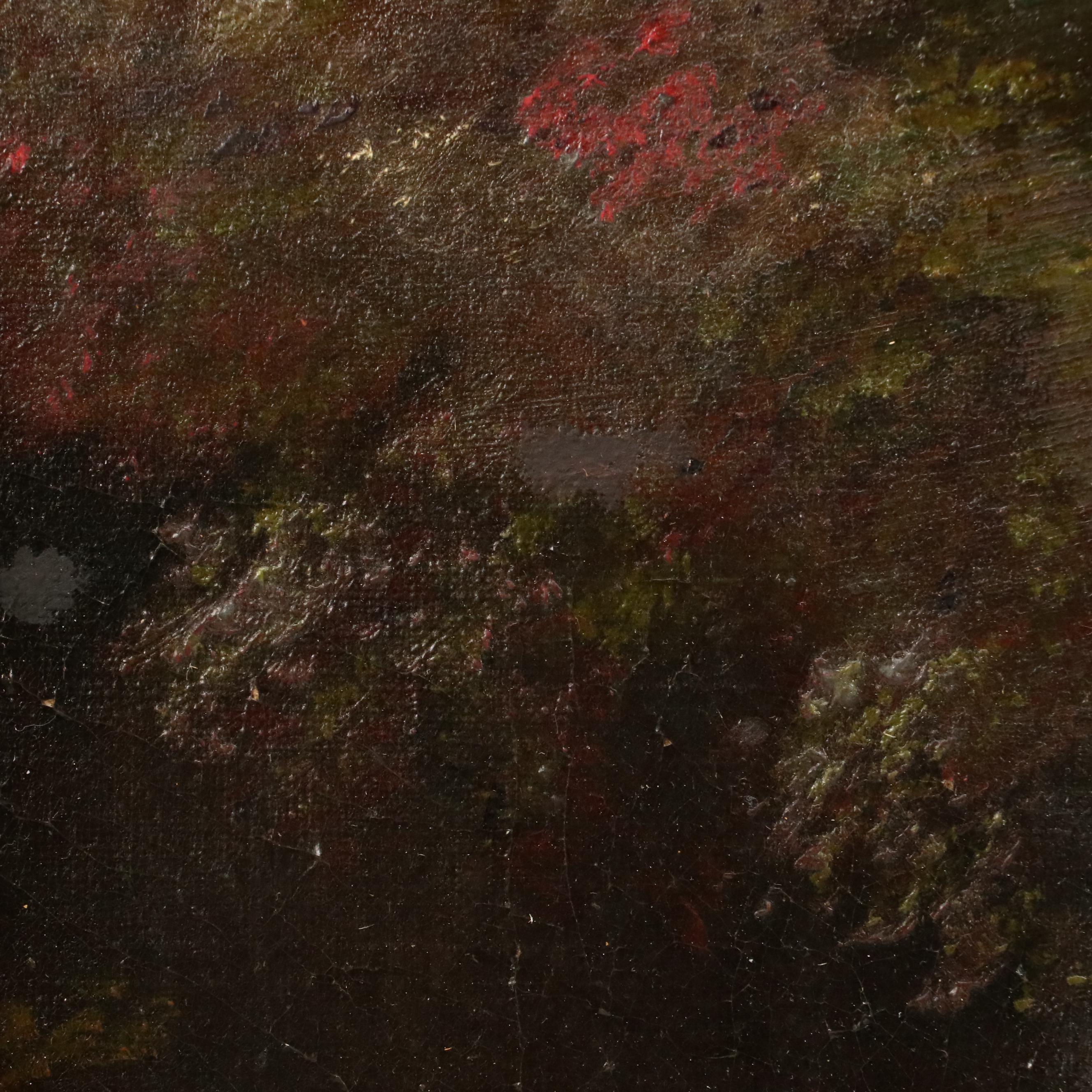 European School Landscape Oil Painting with Mountains, Lake, and Tower