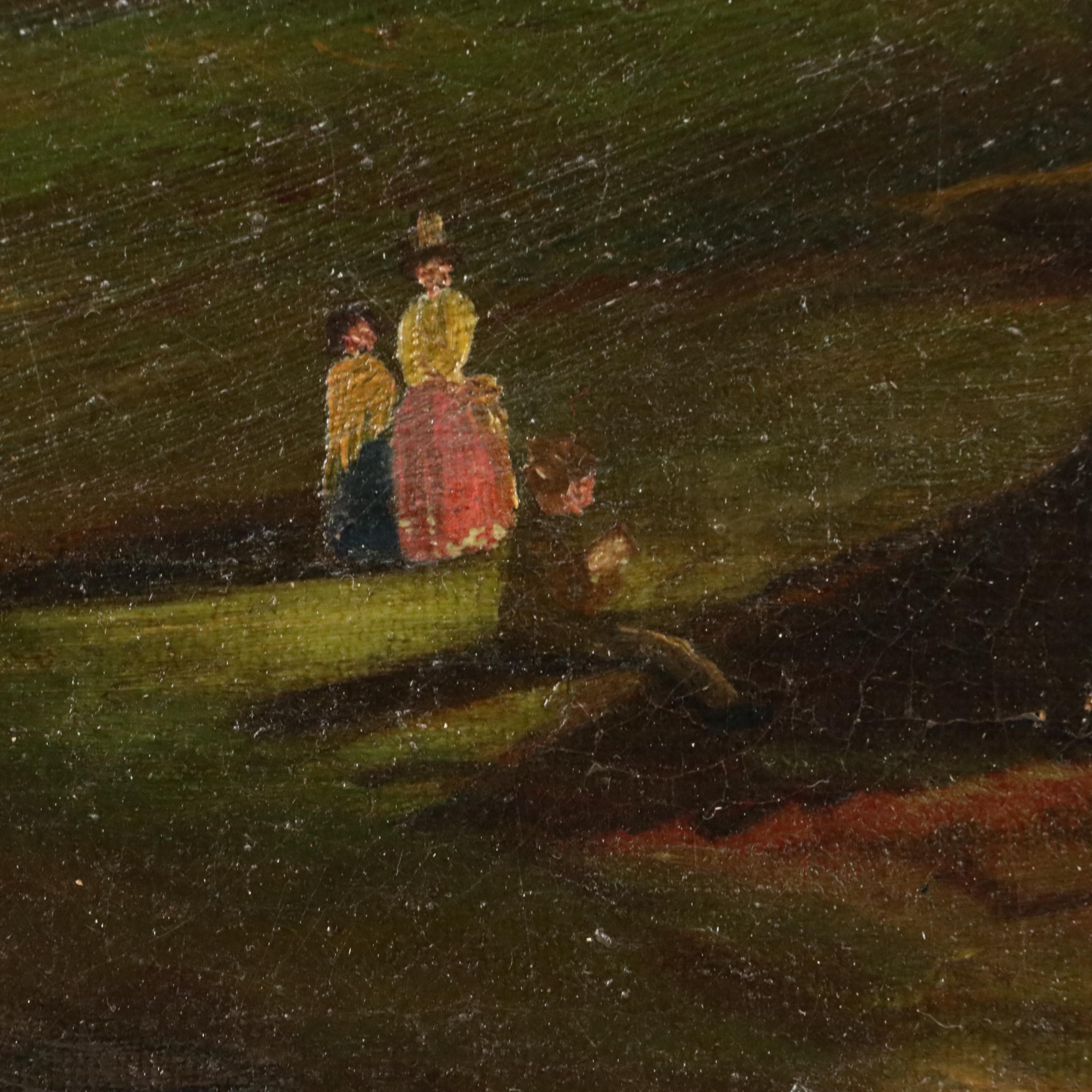 European School Landscape Oil Painting with Mountains, Lake, and Tower