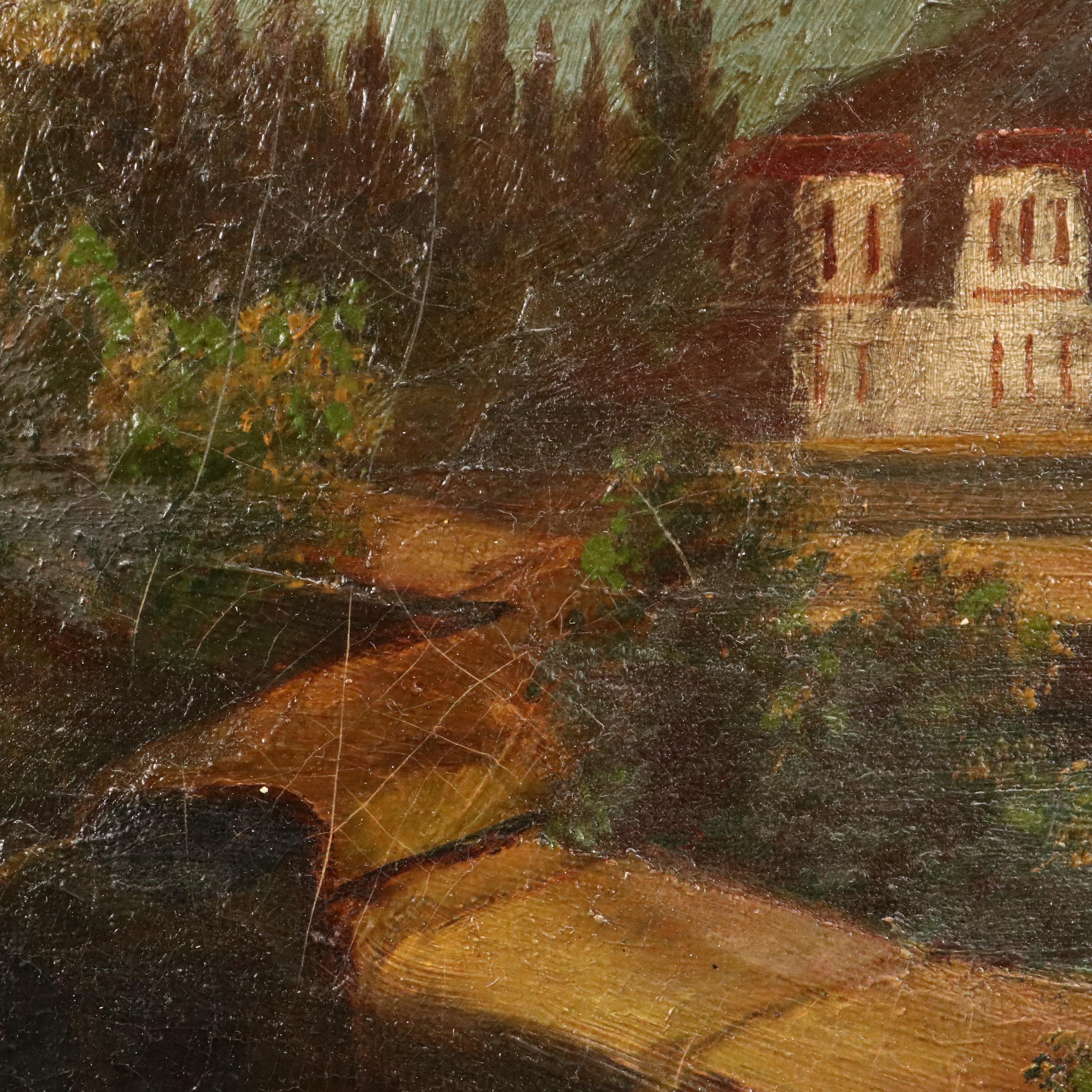 European School Landscape Oil Painting with Mountains, Lake, and Tower