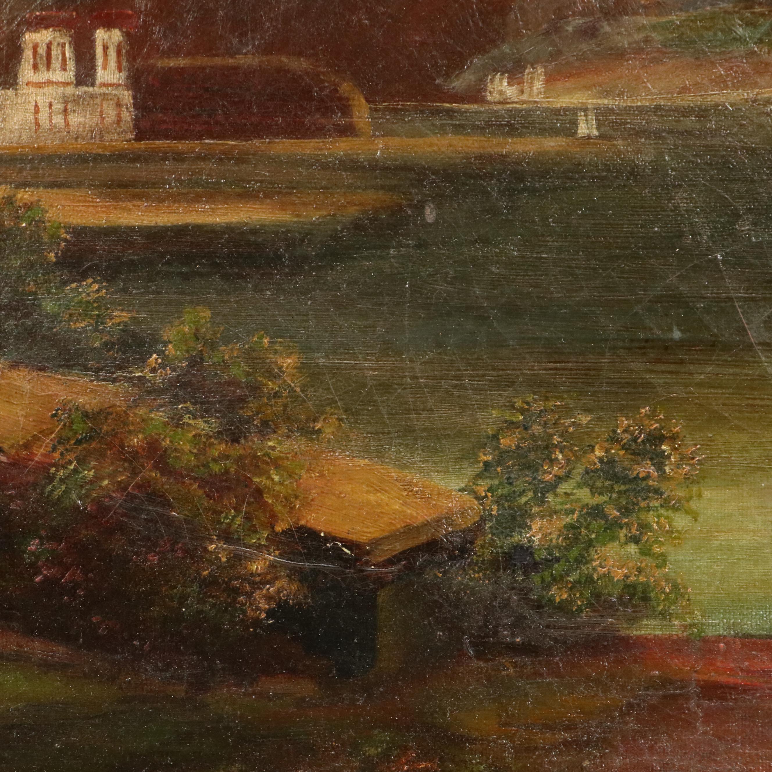 European School Landscape Oil Painting with Mountains, Lake, and Tower