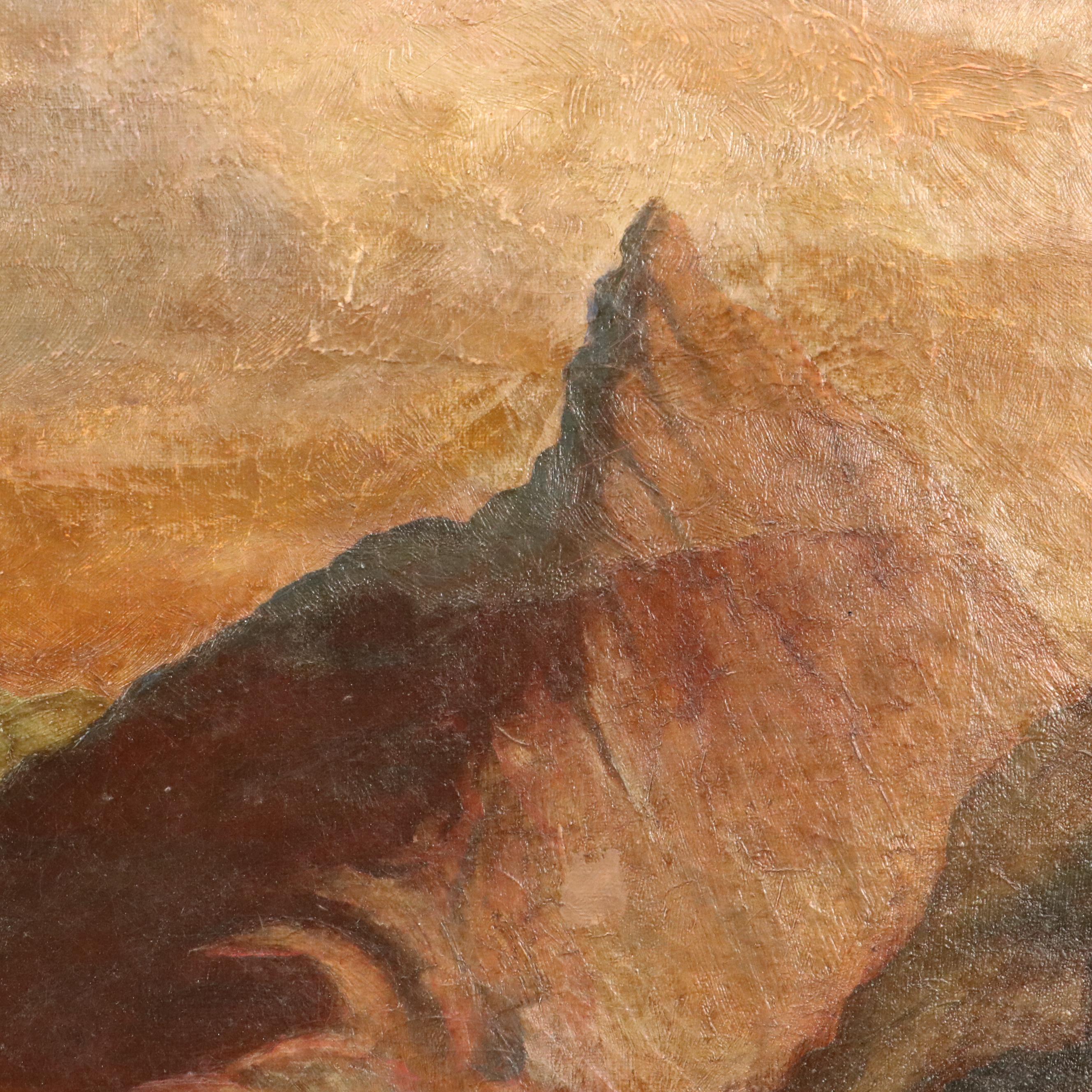 European School Landscape Oil Painting with Mountains, Lake, and Tower