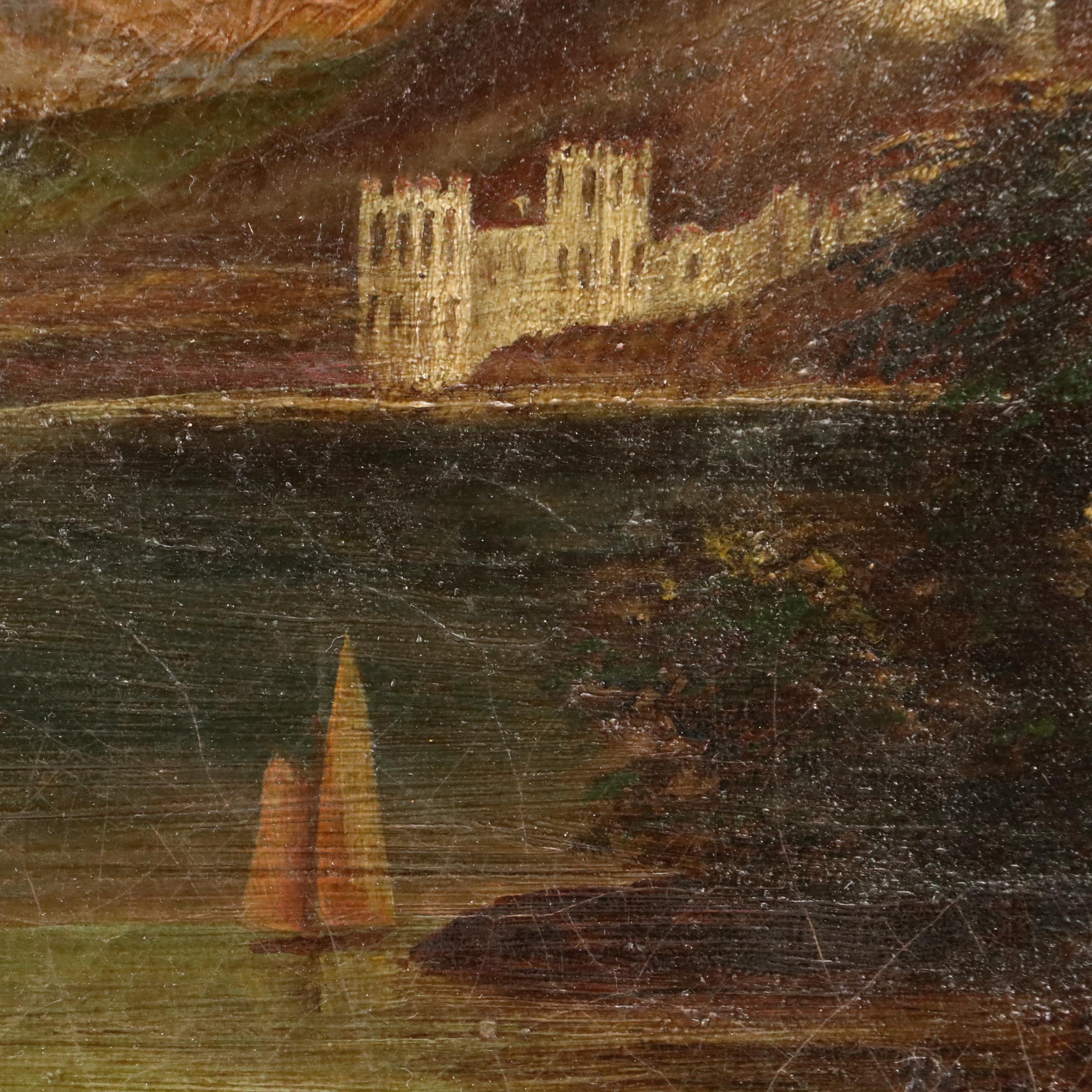 European School Landscape Oil Painting with Mountains, Lake, and Tower