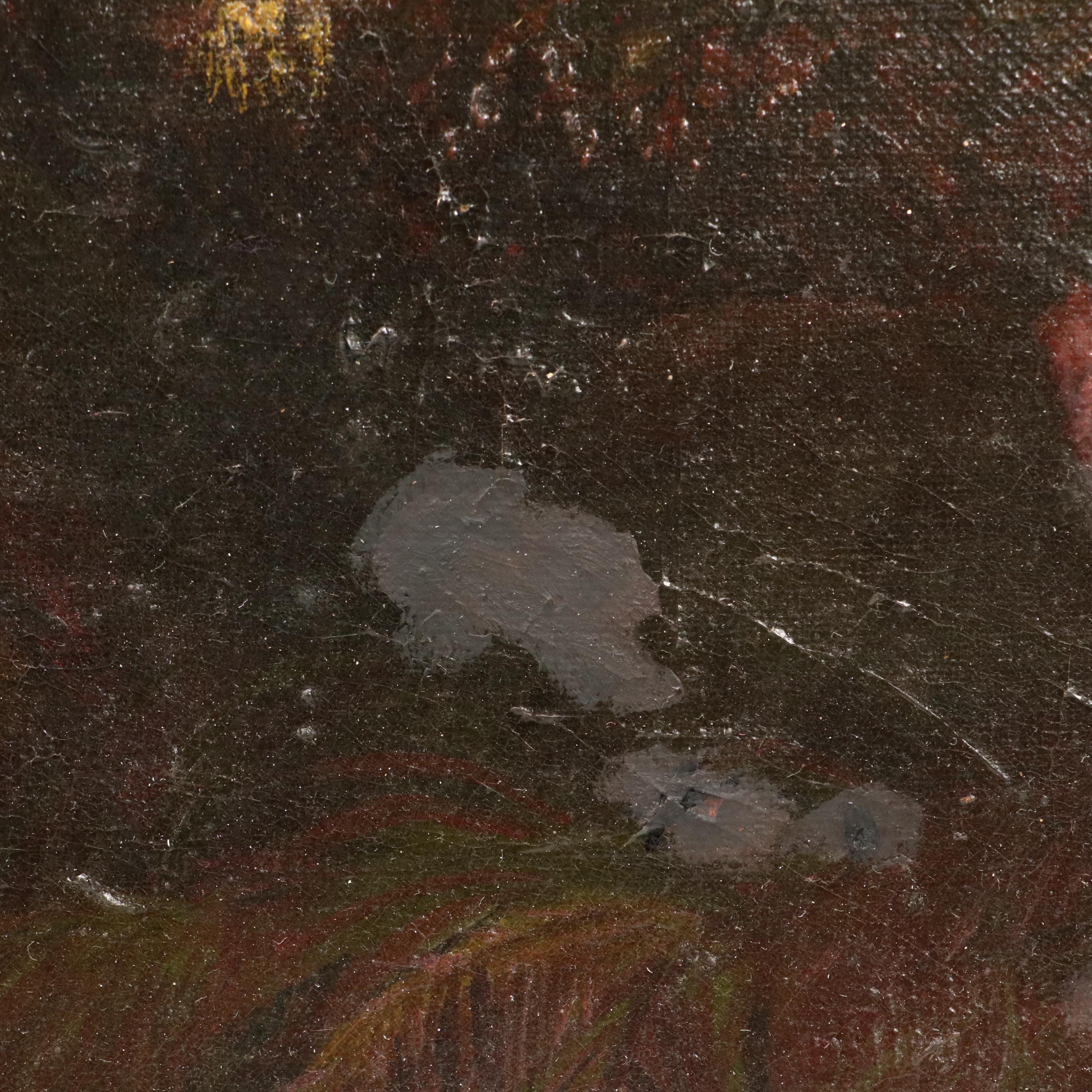 European School Landscape Oil Painting with Mountains, Lake, and Tower