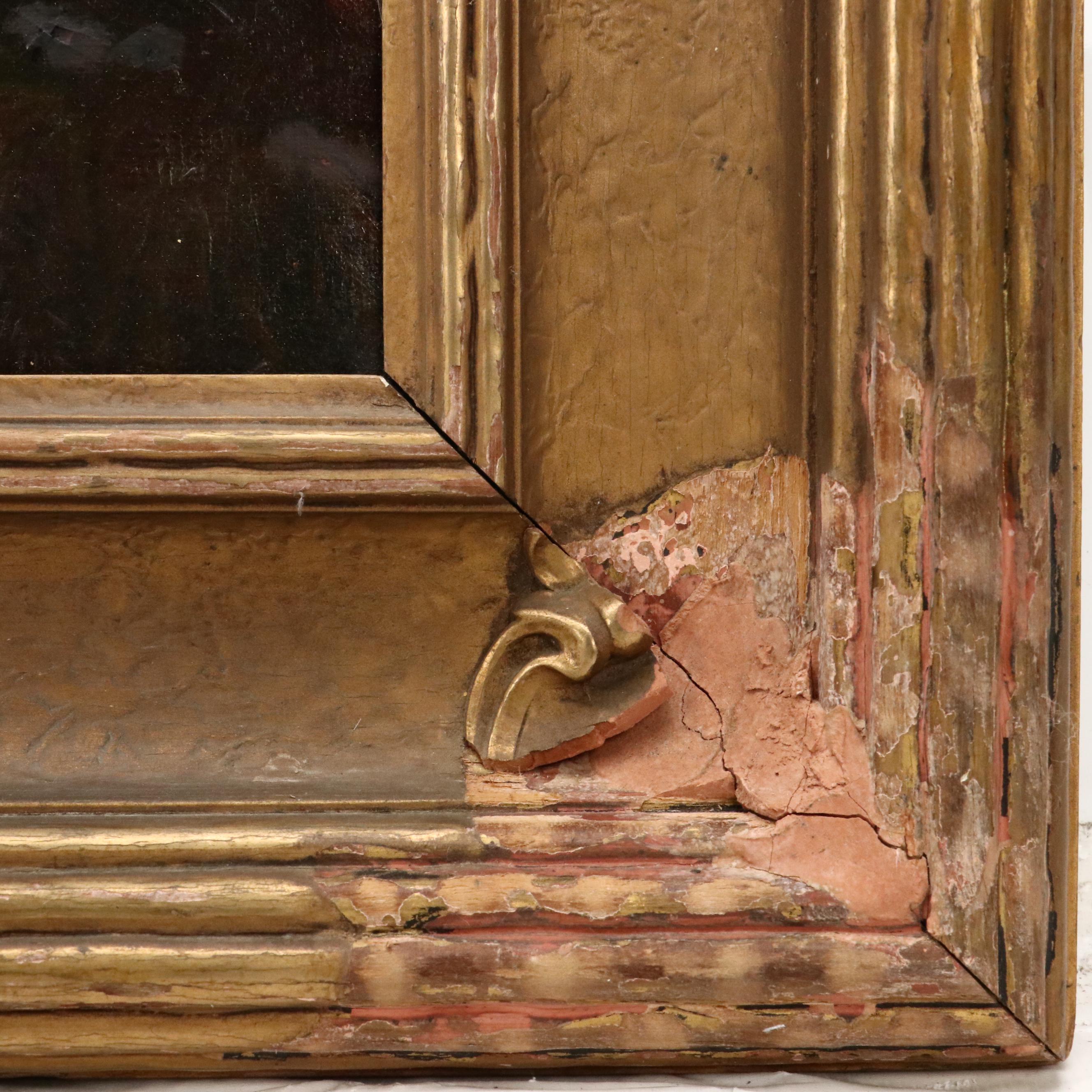 European School Landscape Oil Painting with Mountains, Lake, and Tower