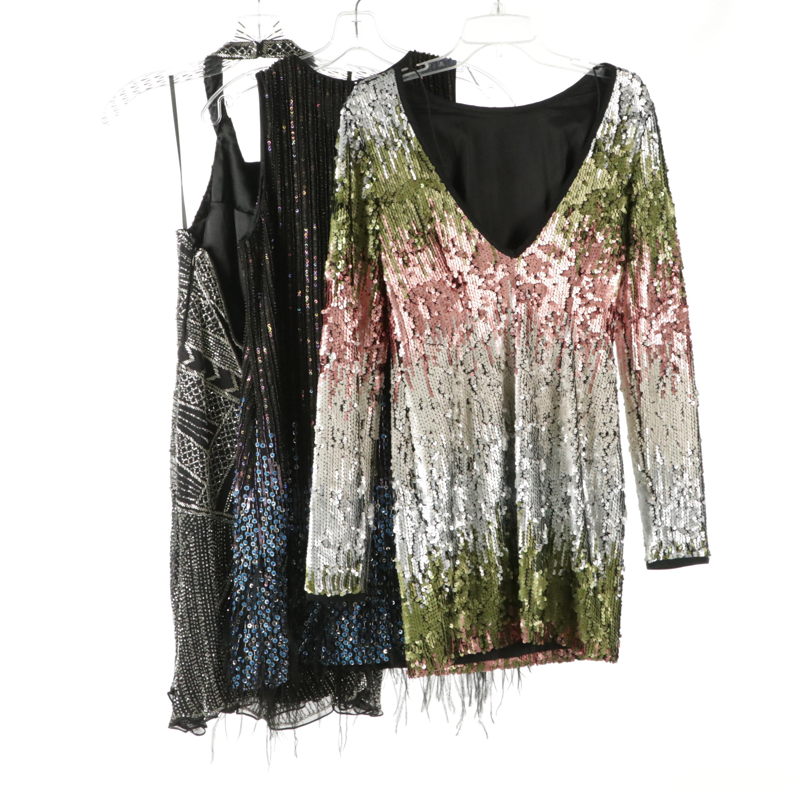 Parker Silk Lined Beaded Halter & Flapper Dress W Elizabeth & James Sequin Dress