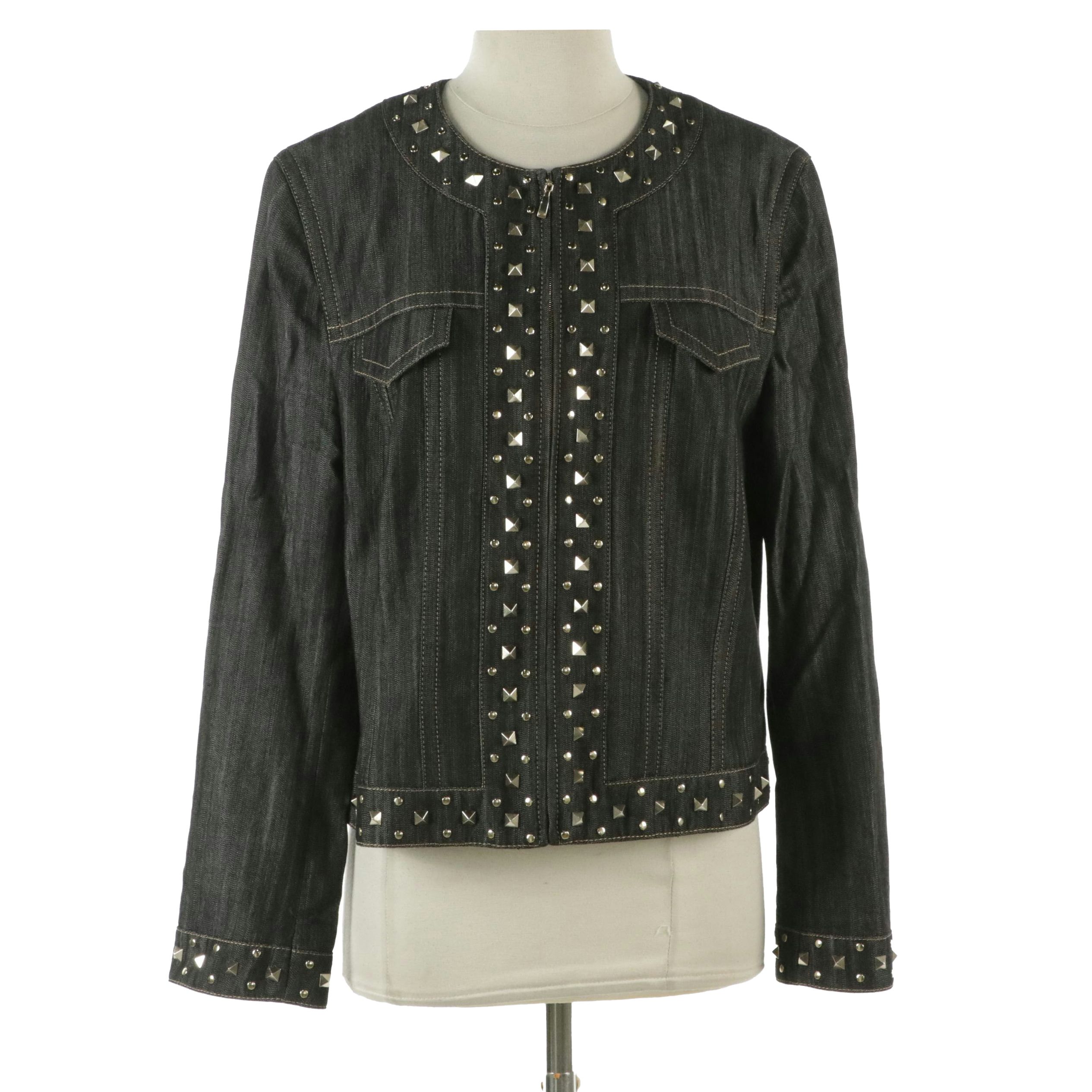 Escada Studded Grey Denim Zip Jacket