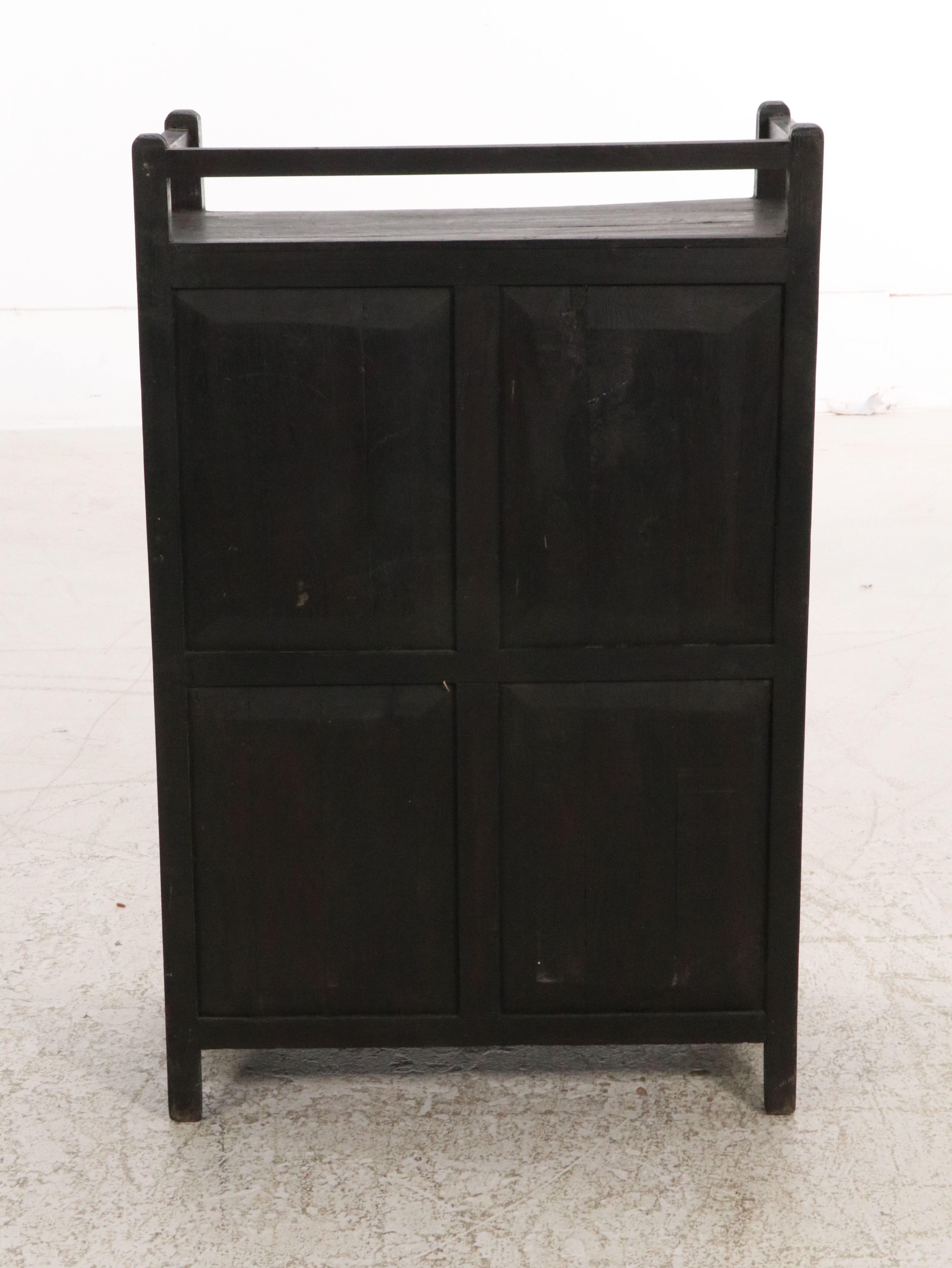 Arts & Crafts Style Painted Wood Glass Front Cabinet with Gilt Lettering