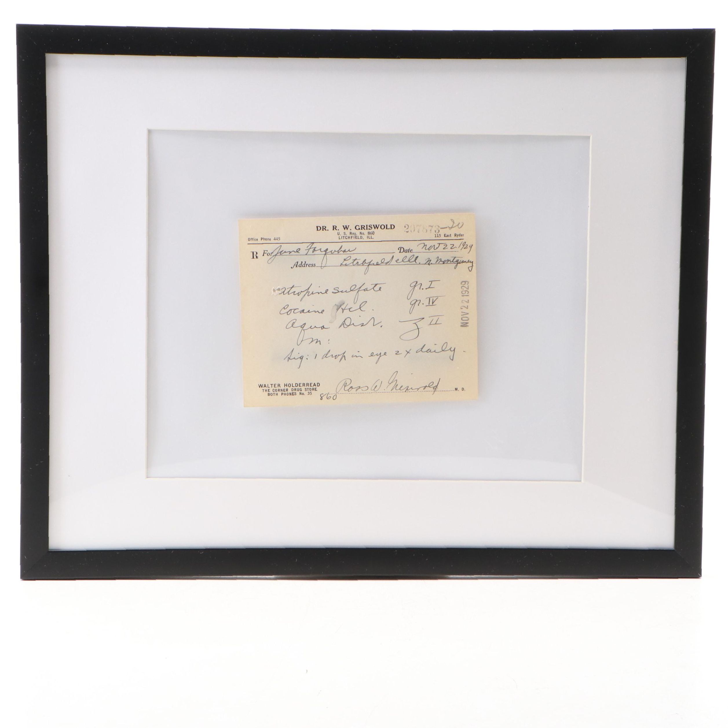 Prescription Form for Cocaine and Atropine Sulfate, 1929