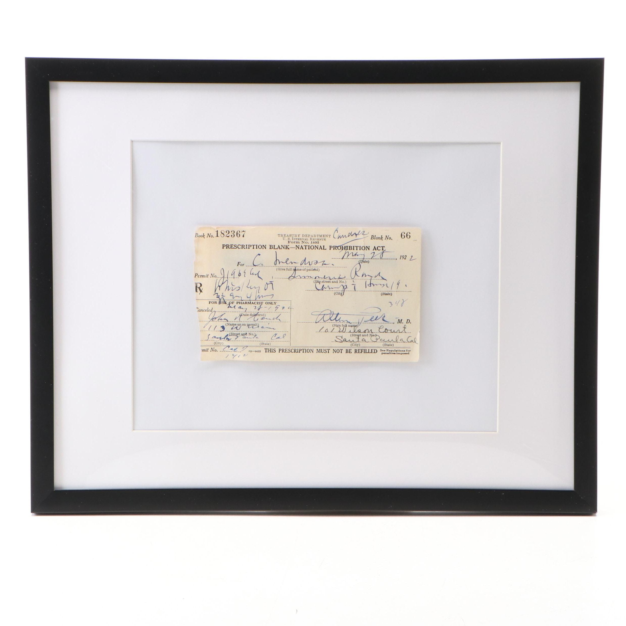 Prohibition Era Prescription Form for Whiskey, 1922