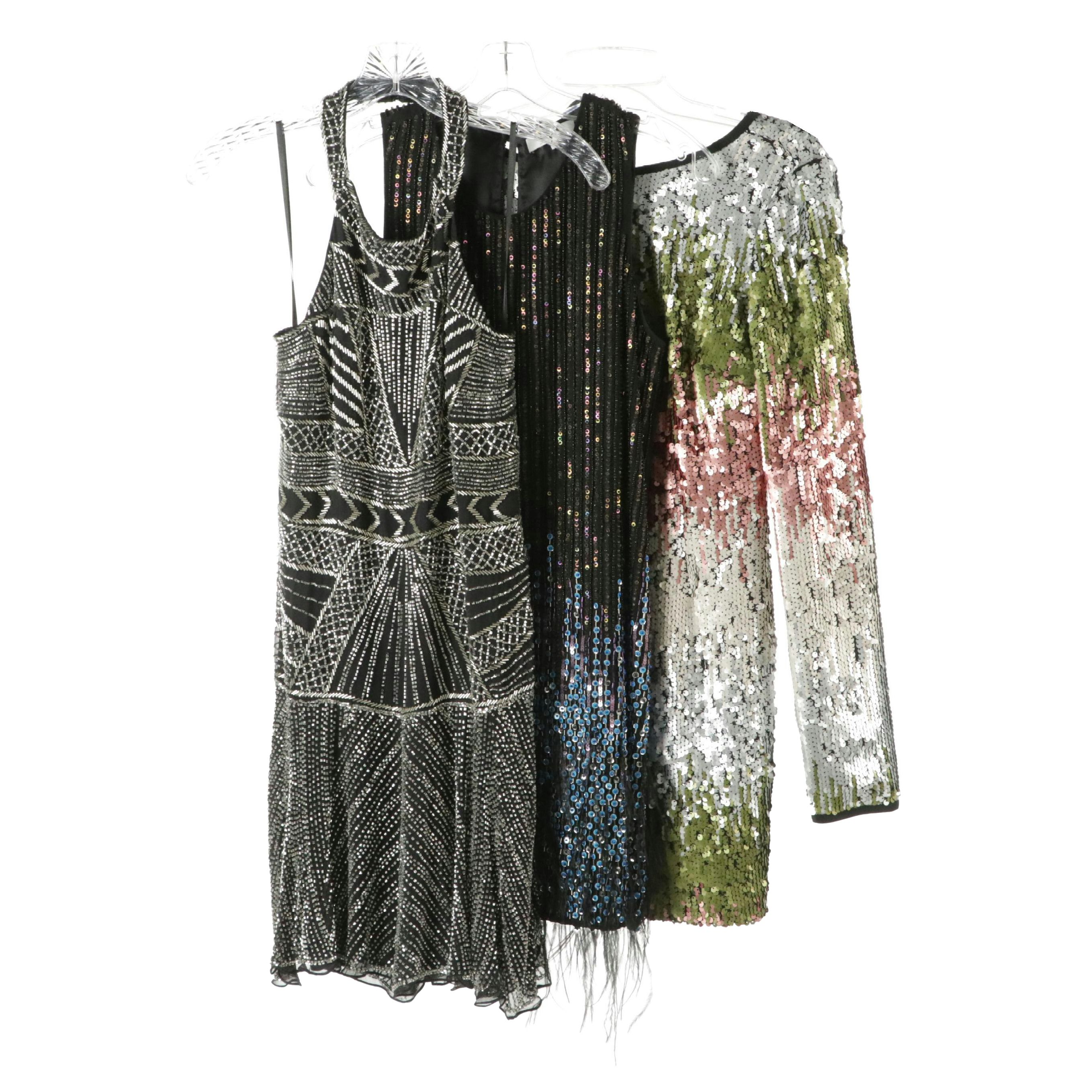 Parker Silk Lined Beaded Halter & Flapper Dress W Elizabeth & James Sequin Dress