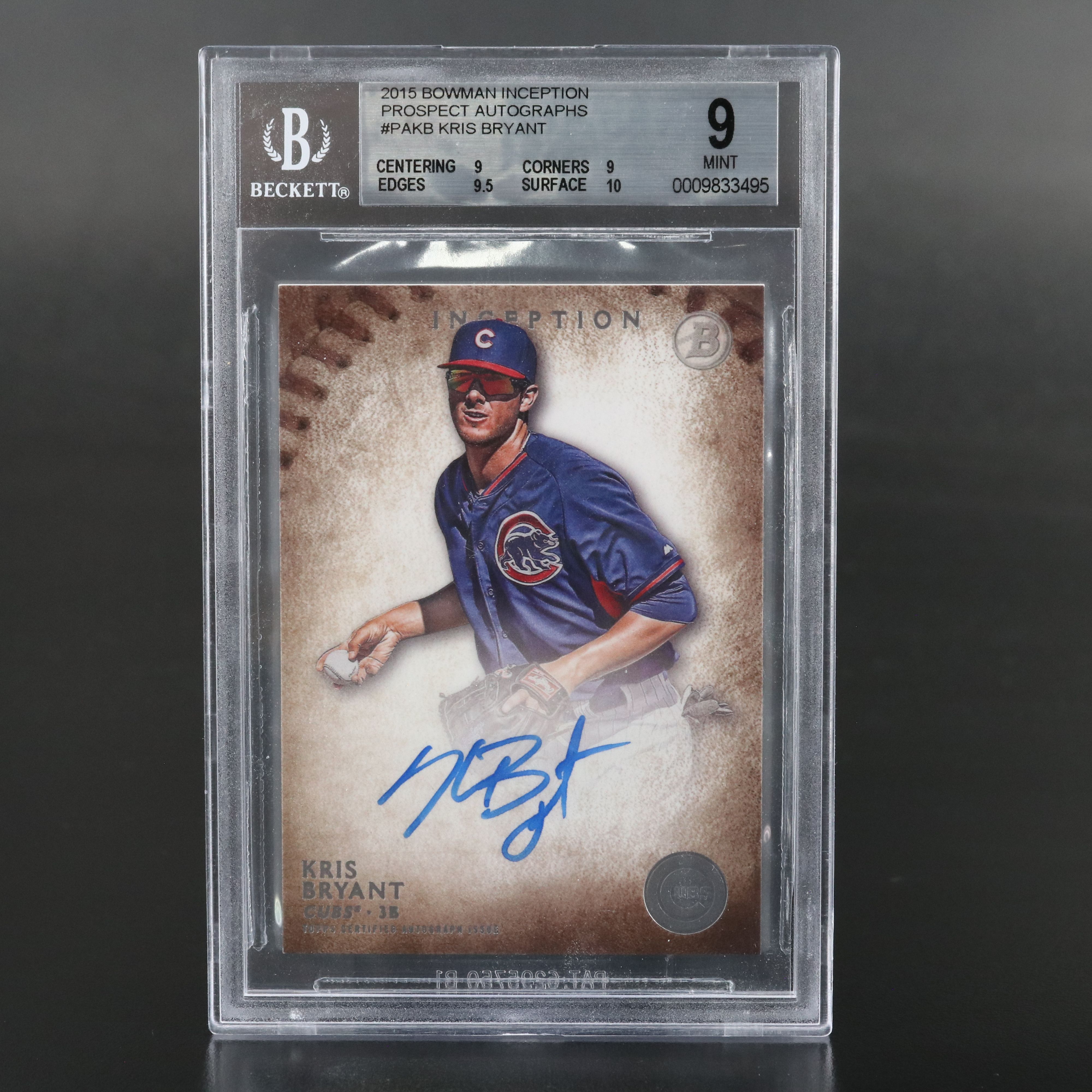 2015 Bowman Inception Kris Bryant Signed Baseball Card Graded BGS 9