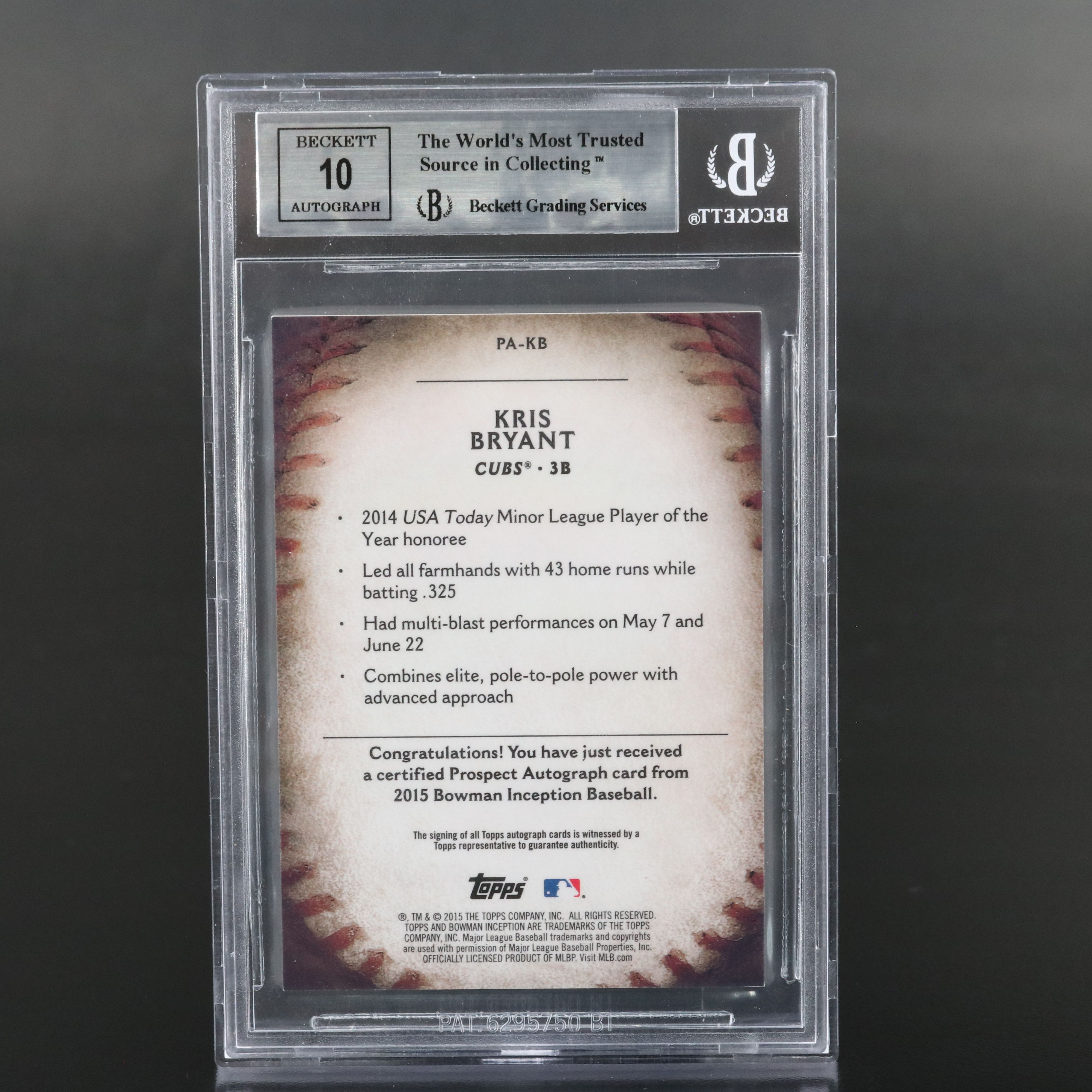 2015 Bowman Inception Kris Bryant Signed Baseball Card Graded BGS 9