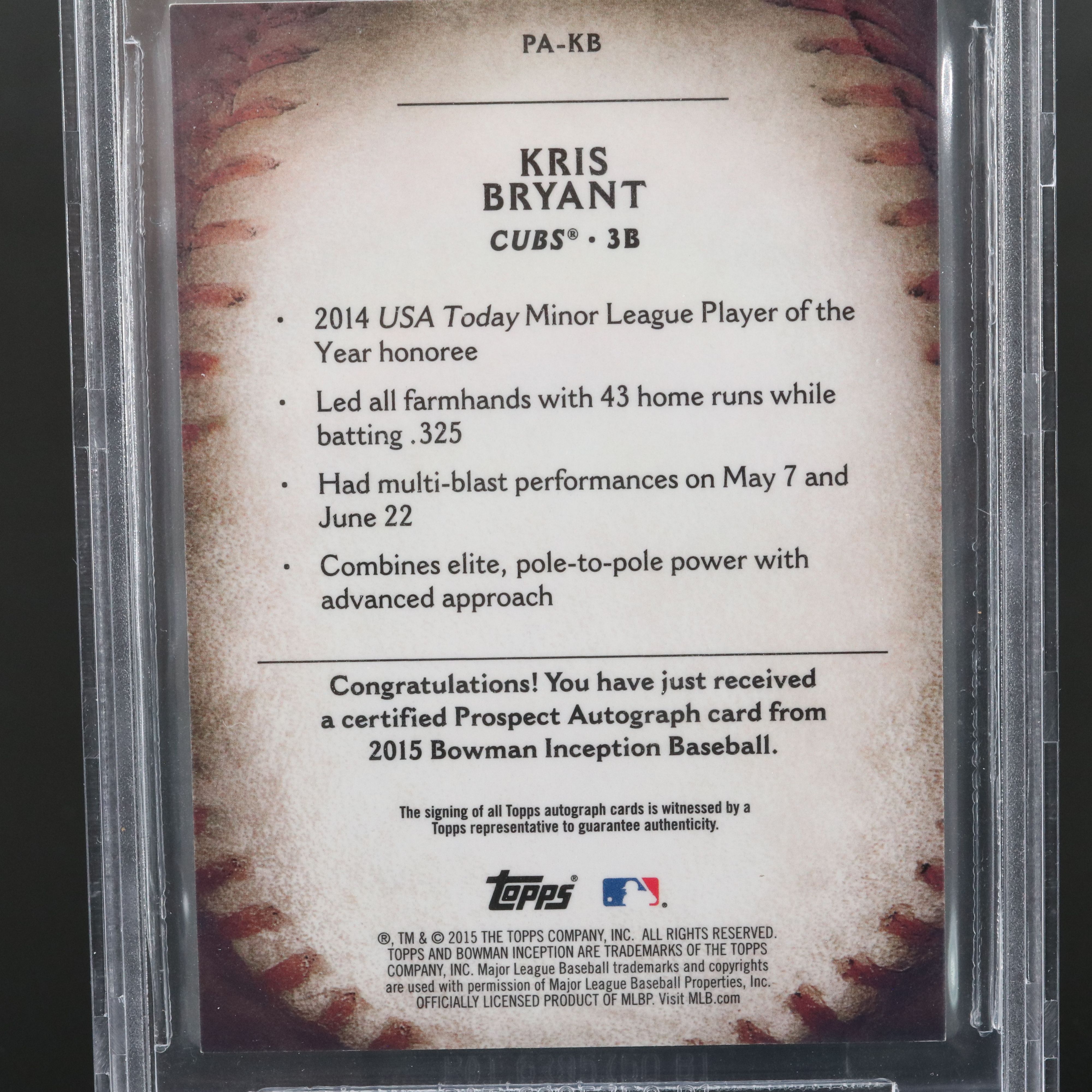 2015 Bowman Inception Kris Bryant Signed Baseball Card Graded BGS 9