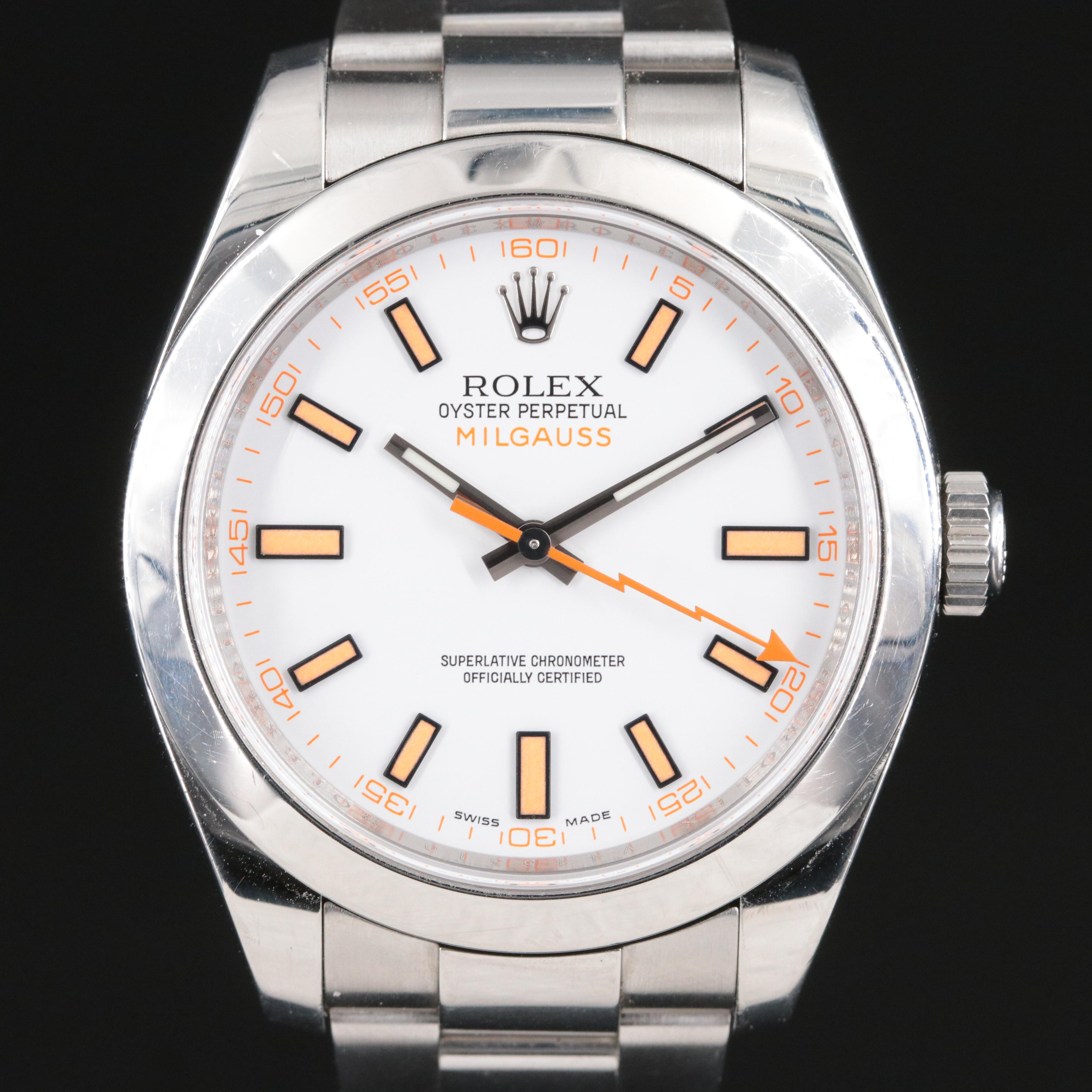 Rolex Milgauss 116400 White Dial Orange Indices and Lightning Bolt Hand Watch