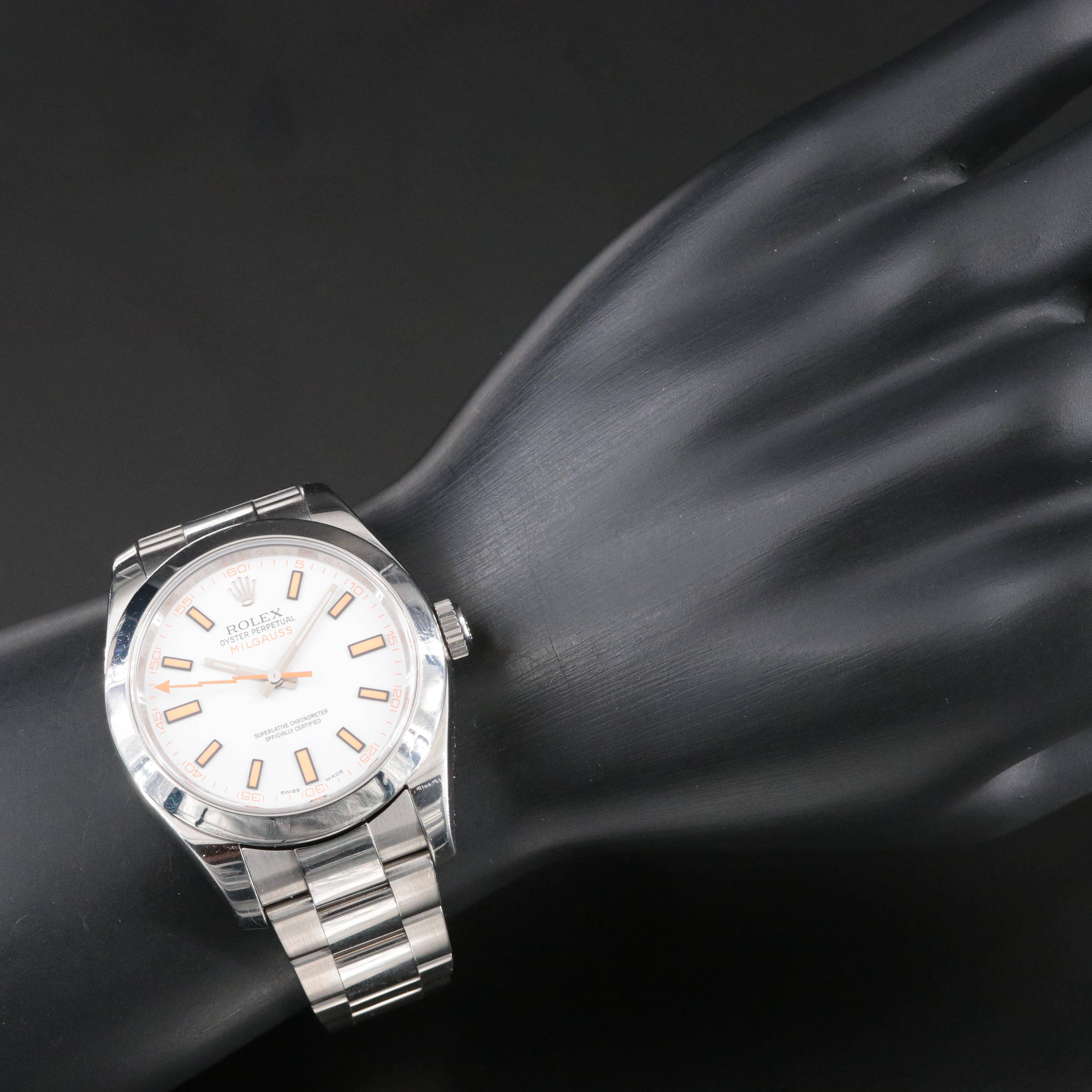 Rolex Milgauss 116400 White Dial Orange Indices and Lightning Bolt Hand Watch