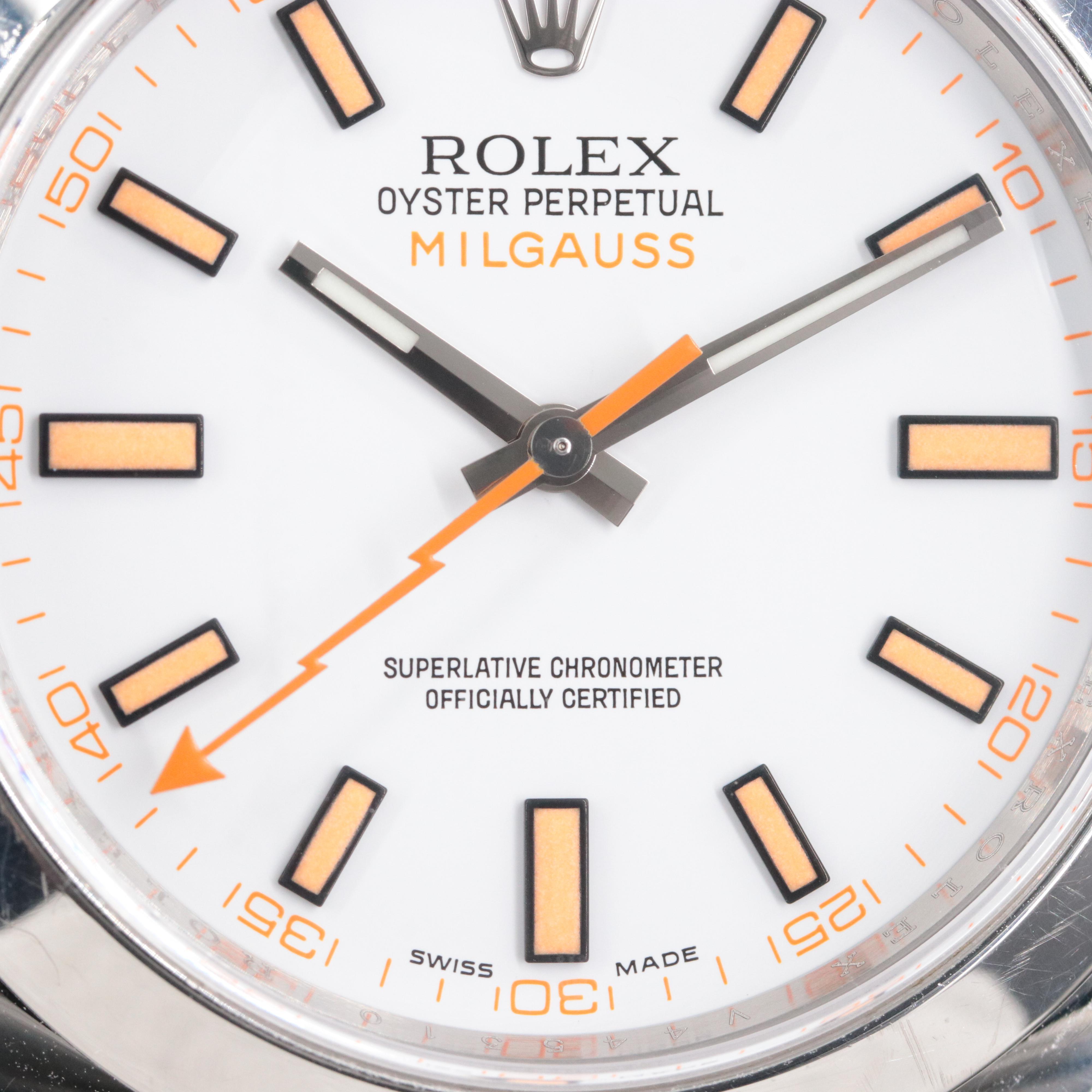 Rolex Milgauss 116400 White Dial Orange Indices and Lightning Bolt Hand Watch