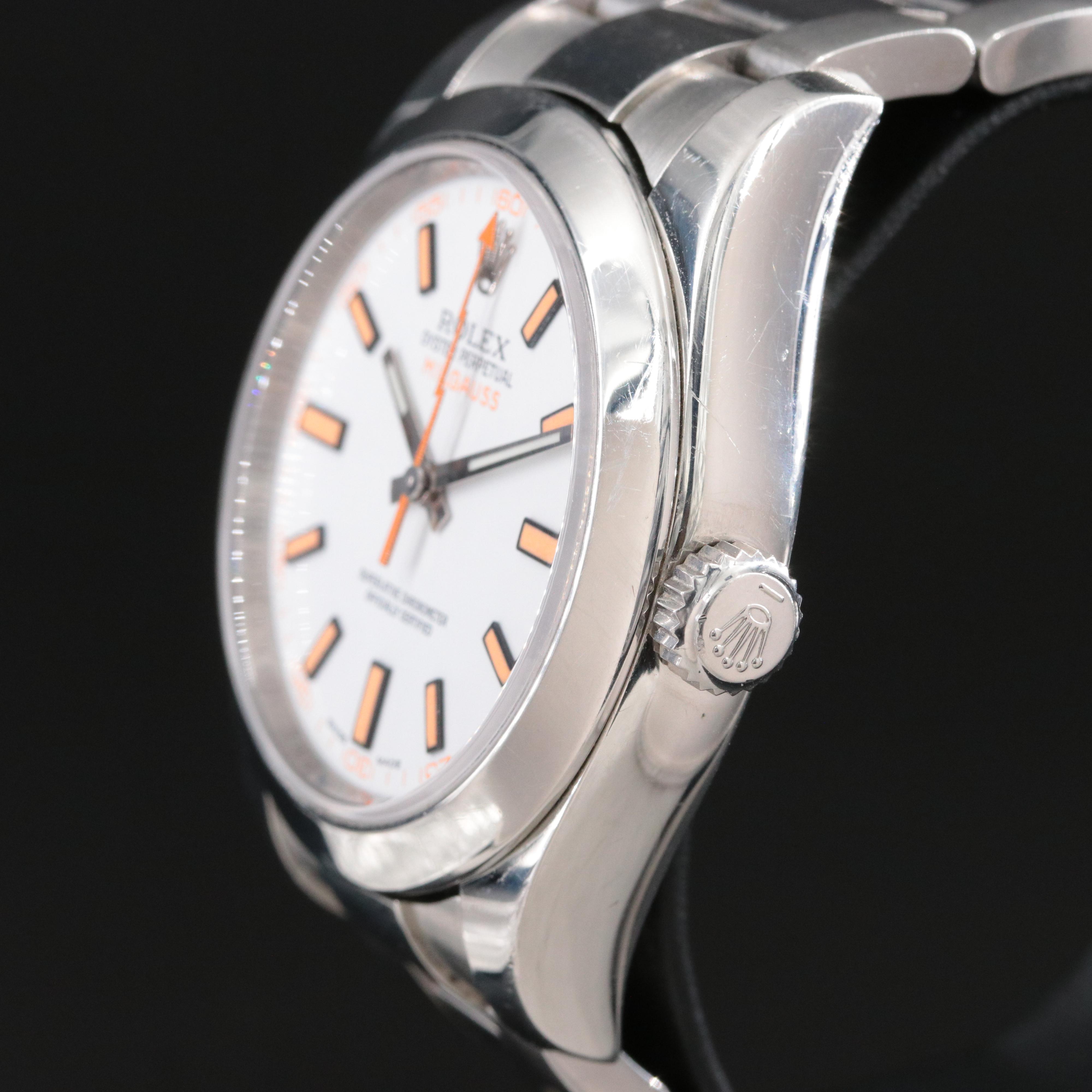 Rolex Milgauss 116400 White Dial Orange Indices and Lightning Bolt Hand Watch