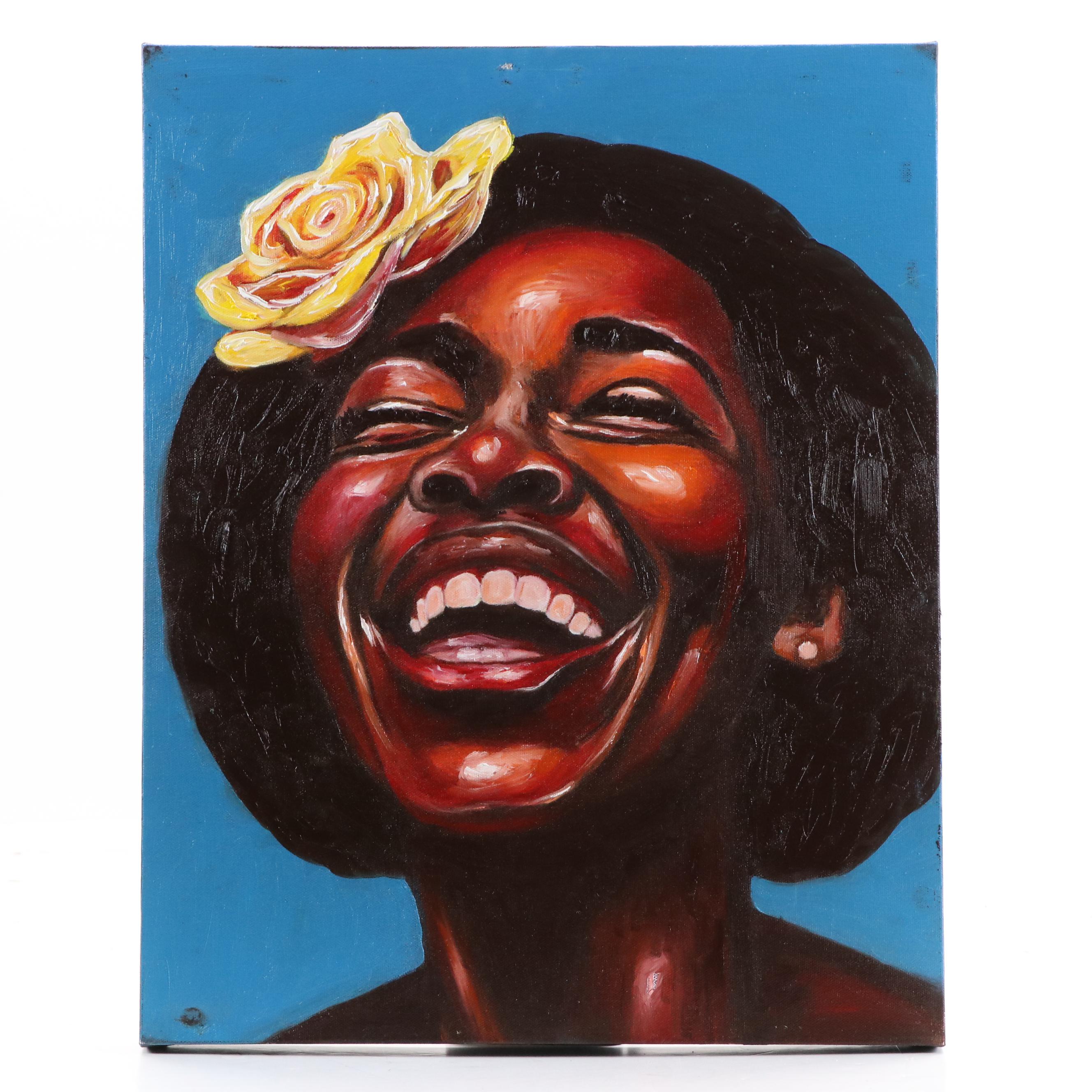 Oluwakemi Omowaire Portrait Oil Painting of Woman Laughing, 21st Century