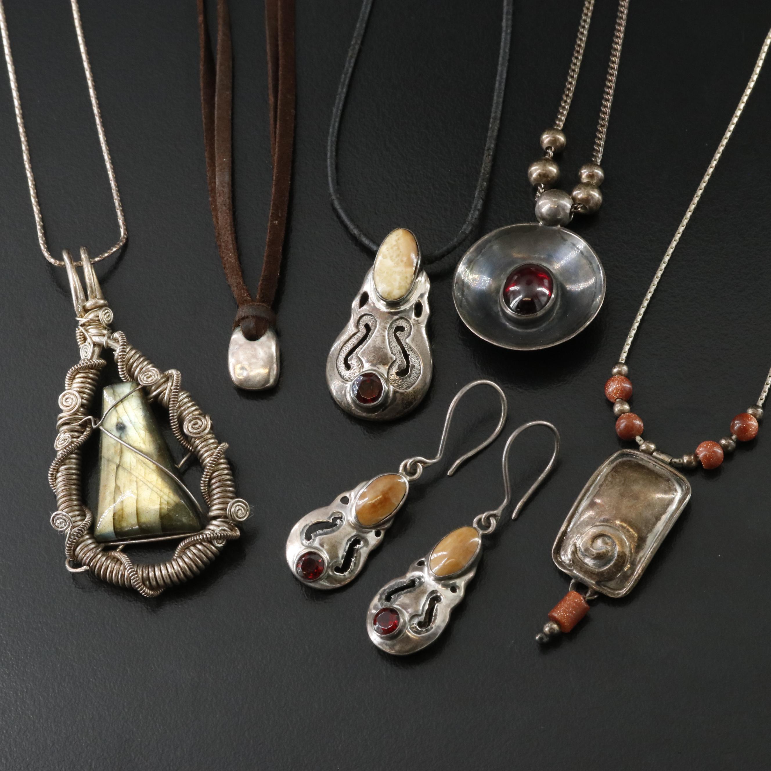 Sterling Lot of Necklaces and Earrings with Labradorite Garnets and Fossil Ivory