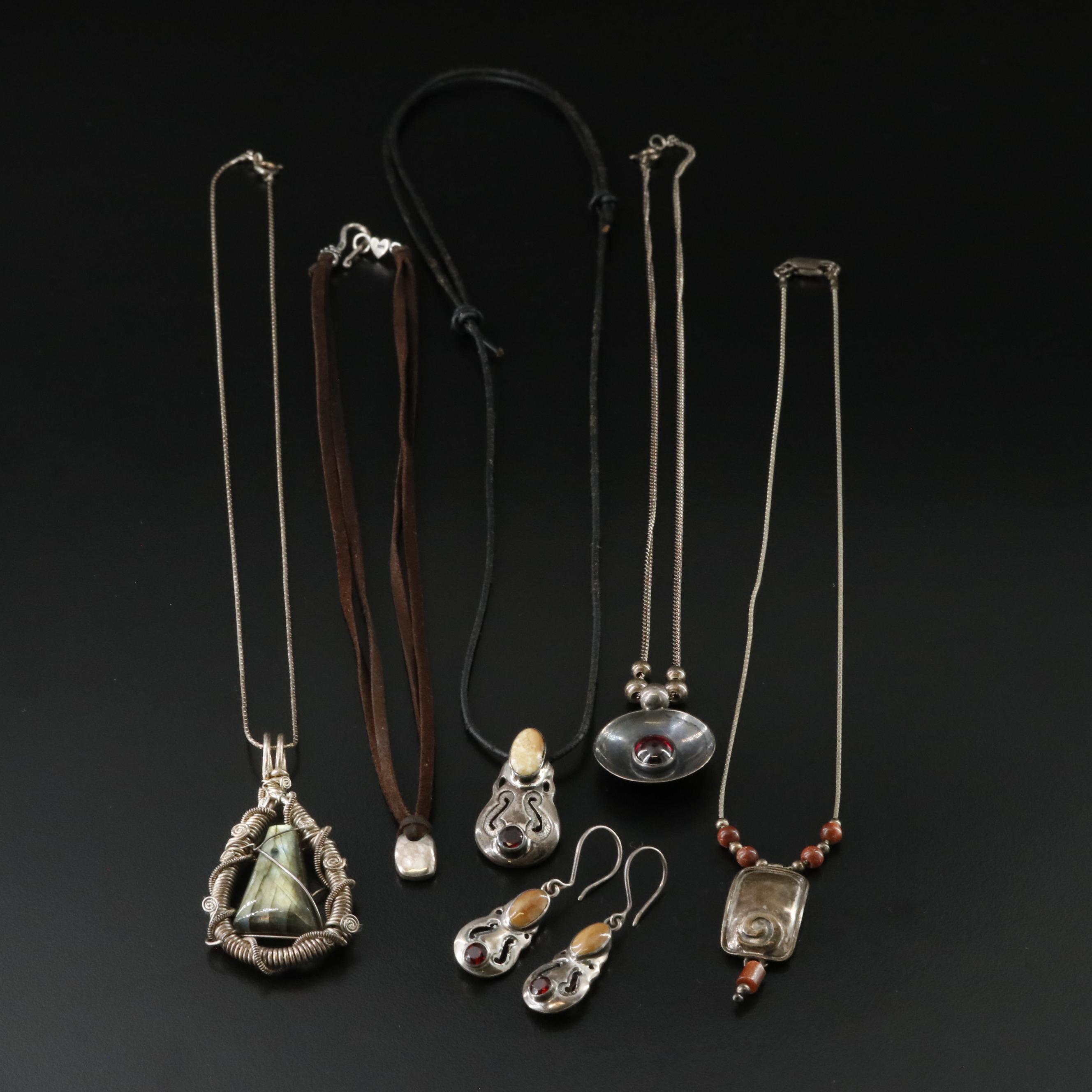 Sterling Lot of Necklaces and Earrings with Labradorite Garnets and Fossil Ivory