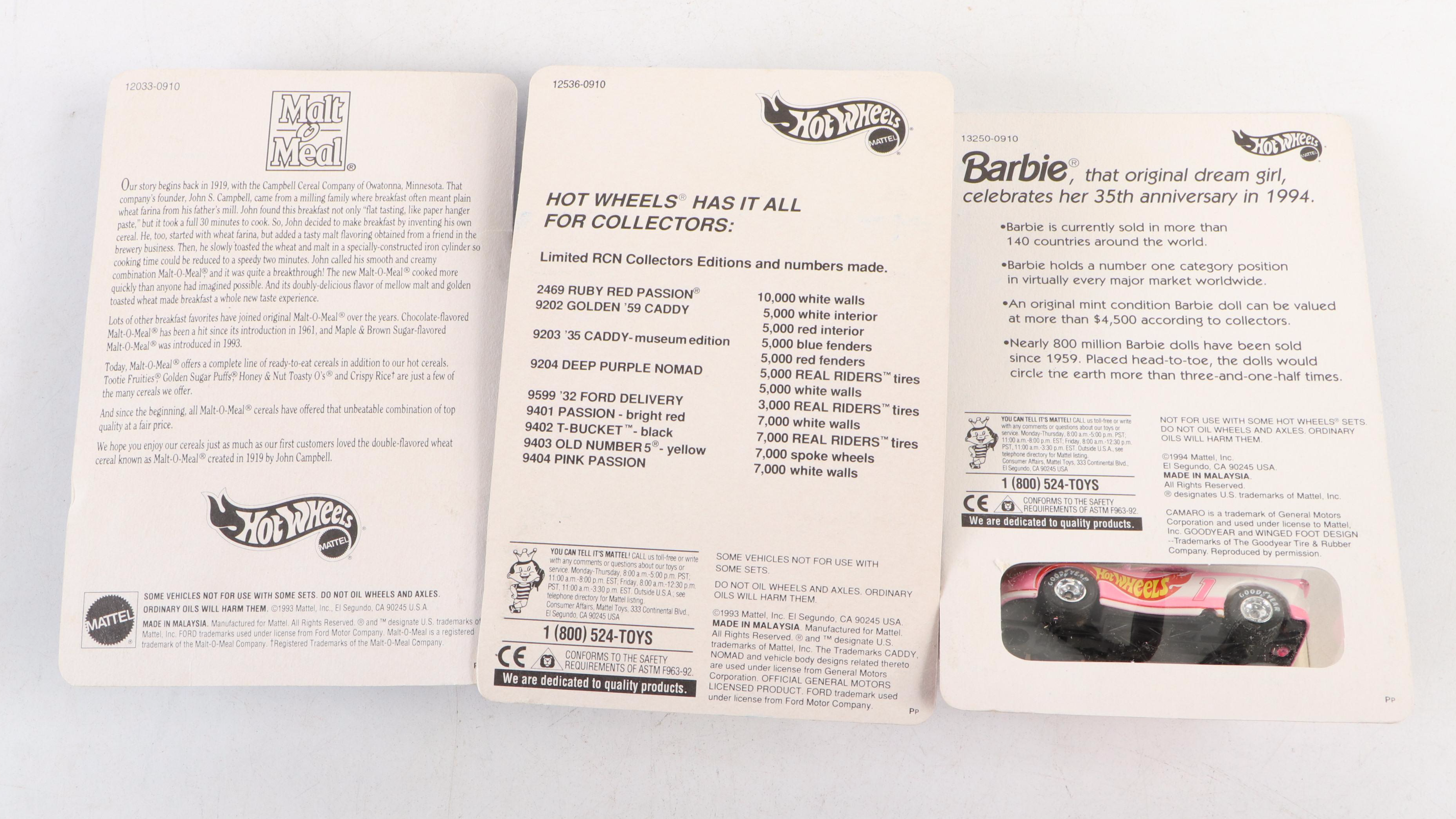 Hot Wheels "Old Number 5," "3-Window '34" and More Blue Back Toy Cars, 1990s