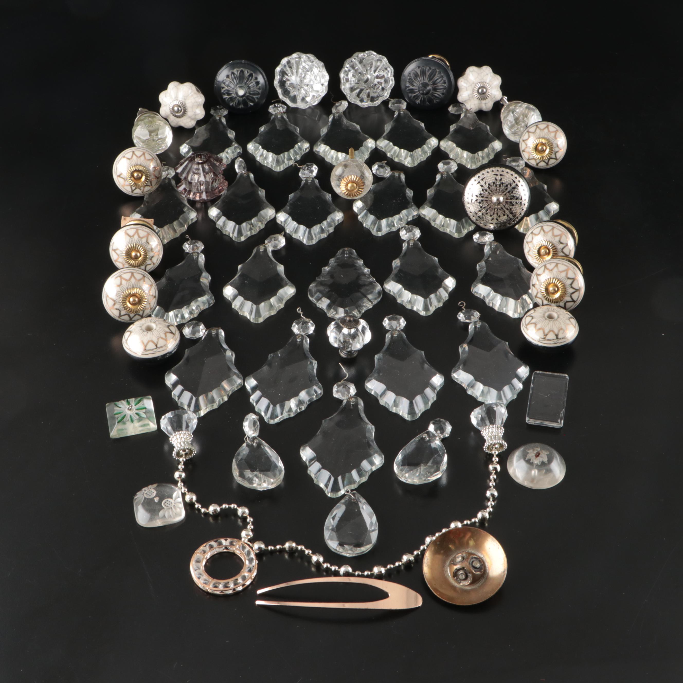 Cut Glass Chandelier Prisms with Ornate Cabinet Knobs