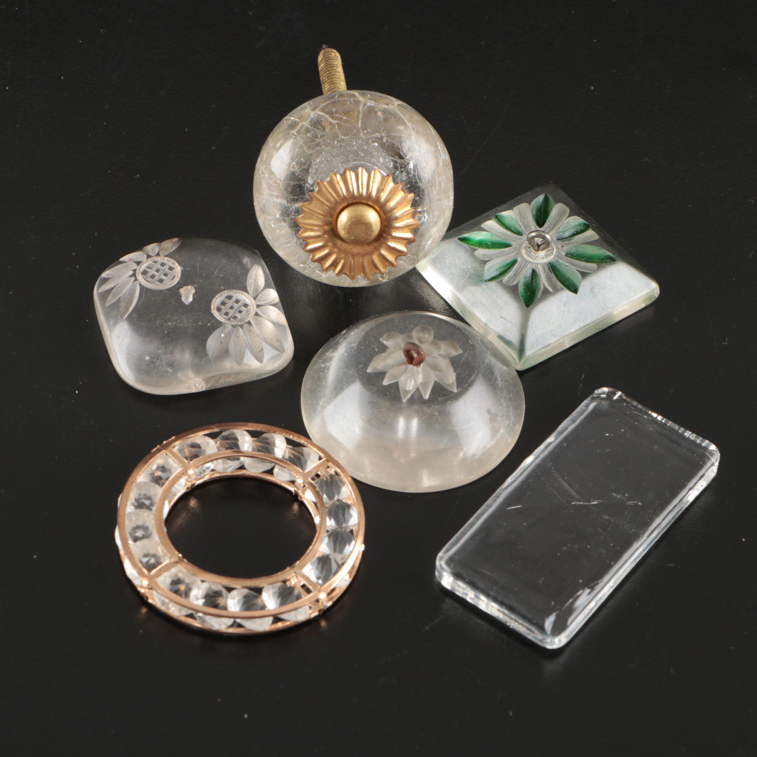 Cut Glass Chandelier Prisms with Ornate Cabinet Knobs