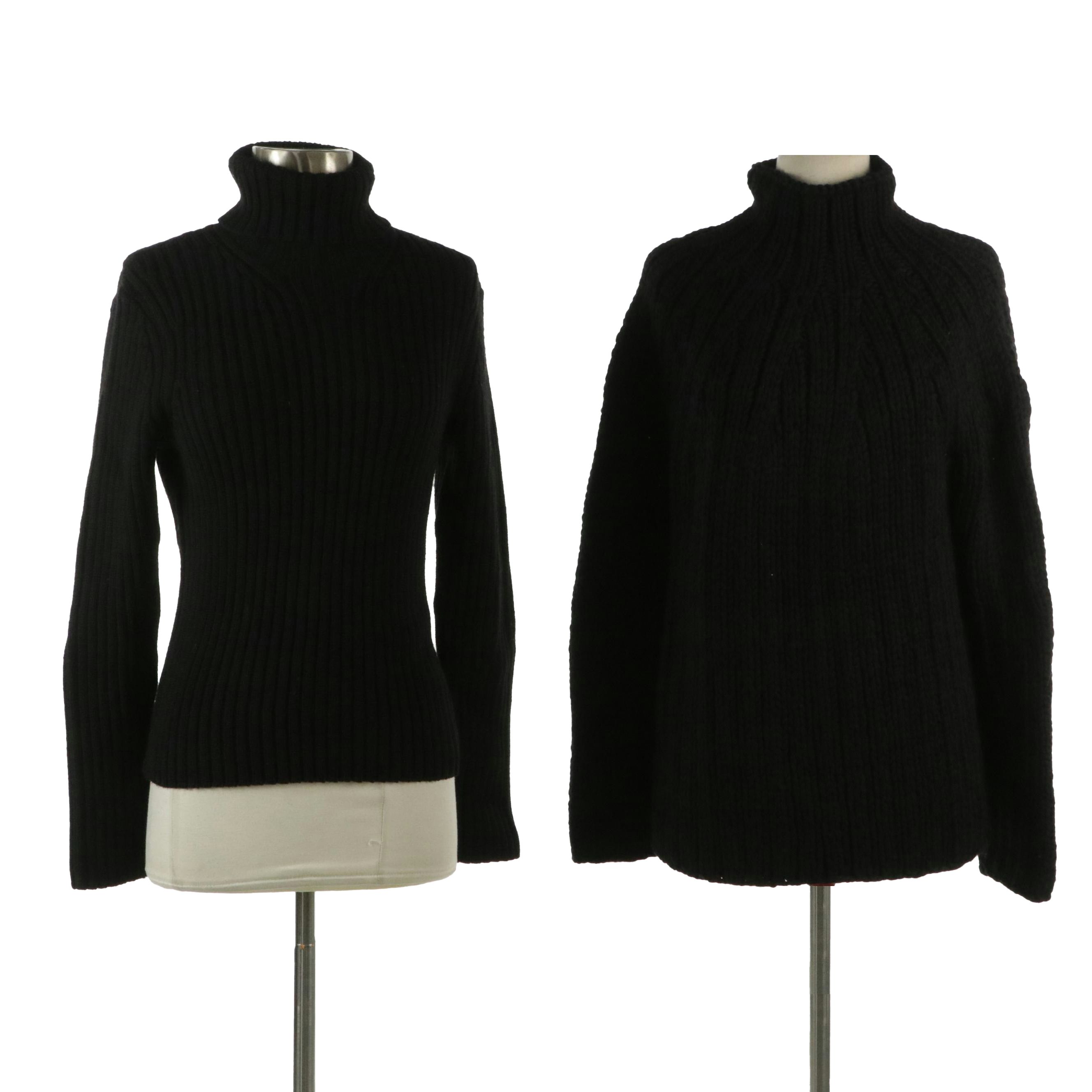 Donna Karan Chunky Knit Wool Mock Neck Sweater and Rib Knit Turtleneck