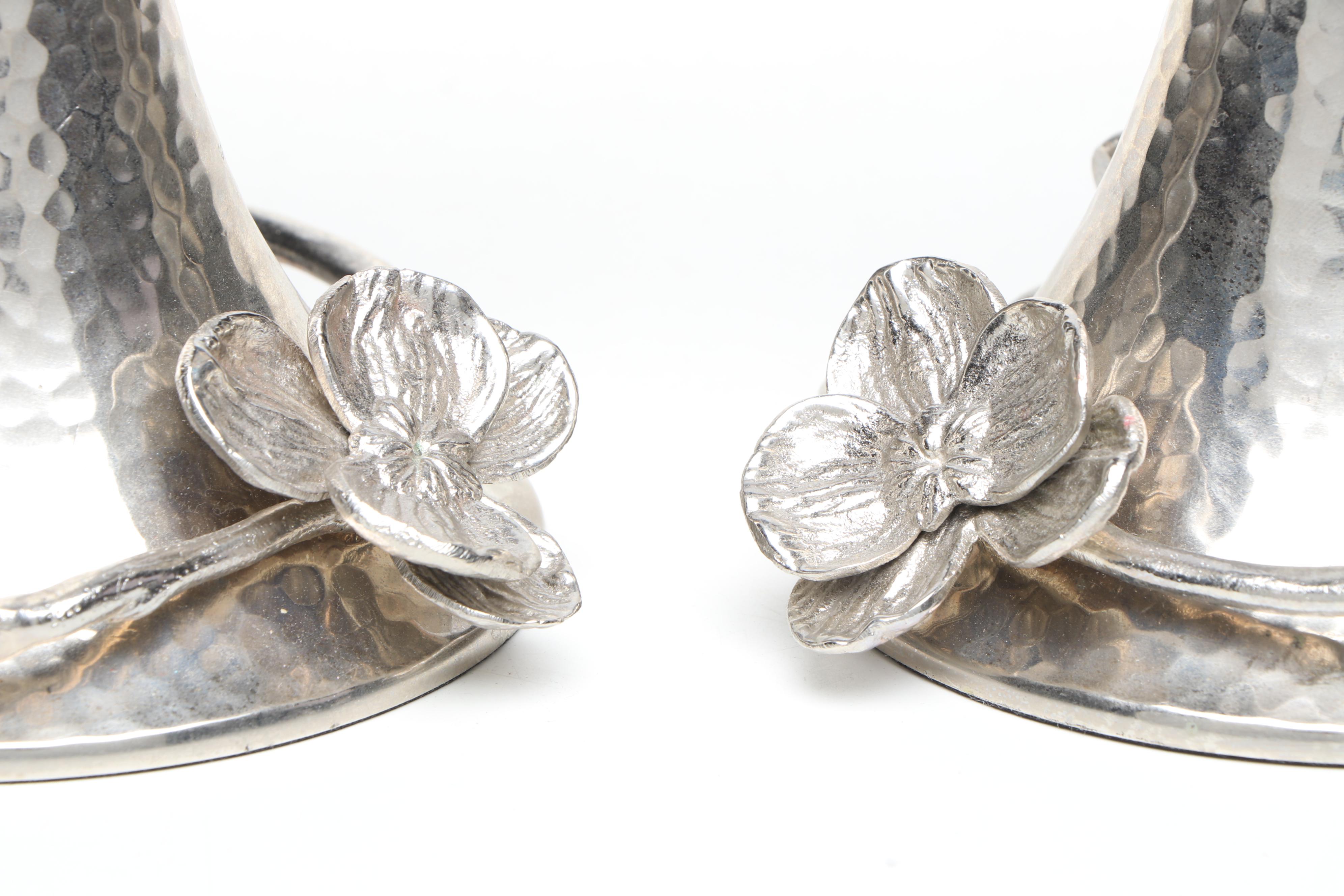 Pair of Michael Aram White Orchid Metal Candlesticks