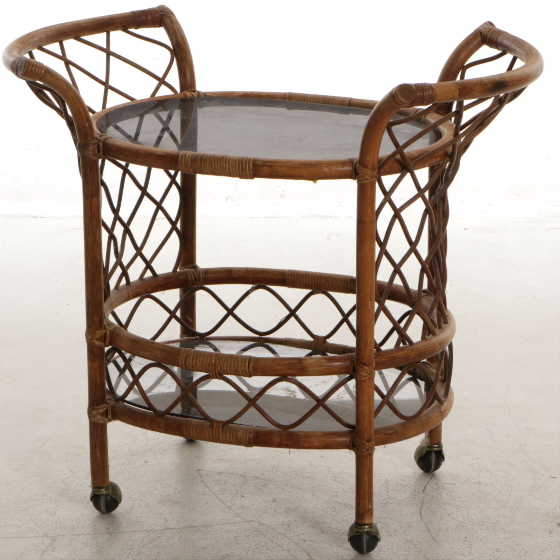 Mid Century Modern Bent Rattan Glass-Top Bar Cart