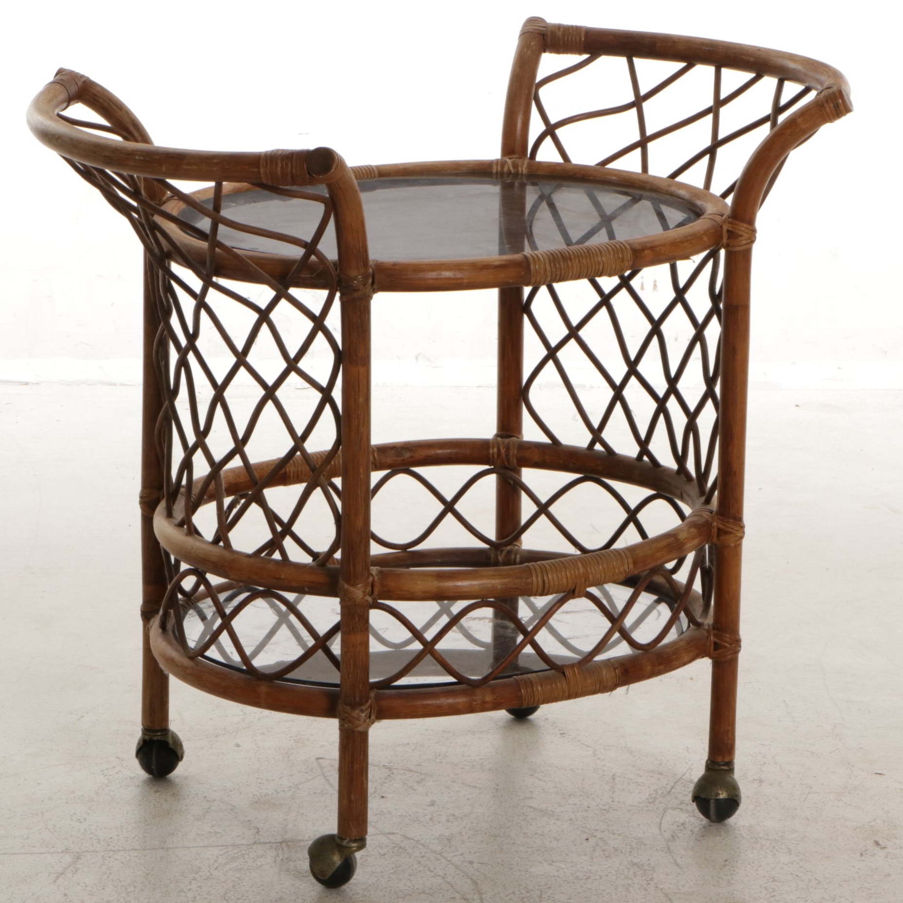 Mid Century Modern Bent Rattan Glass-Top Bar Cart