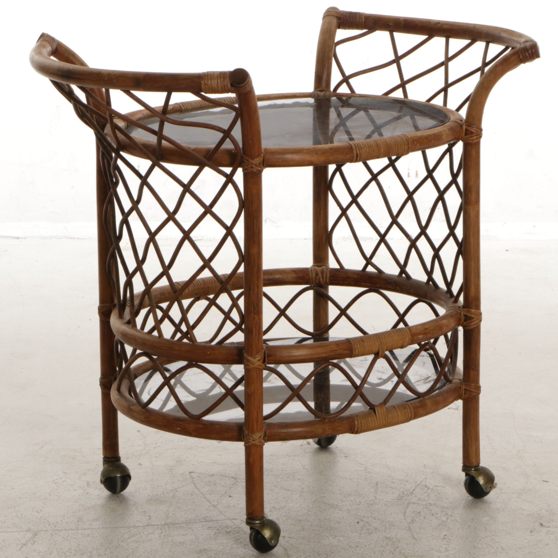 Mid Century Modern Bent Rattan Glass-Top Bar Cart