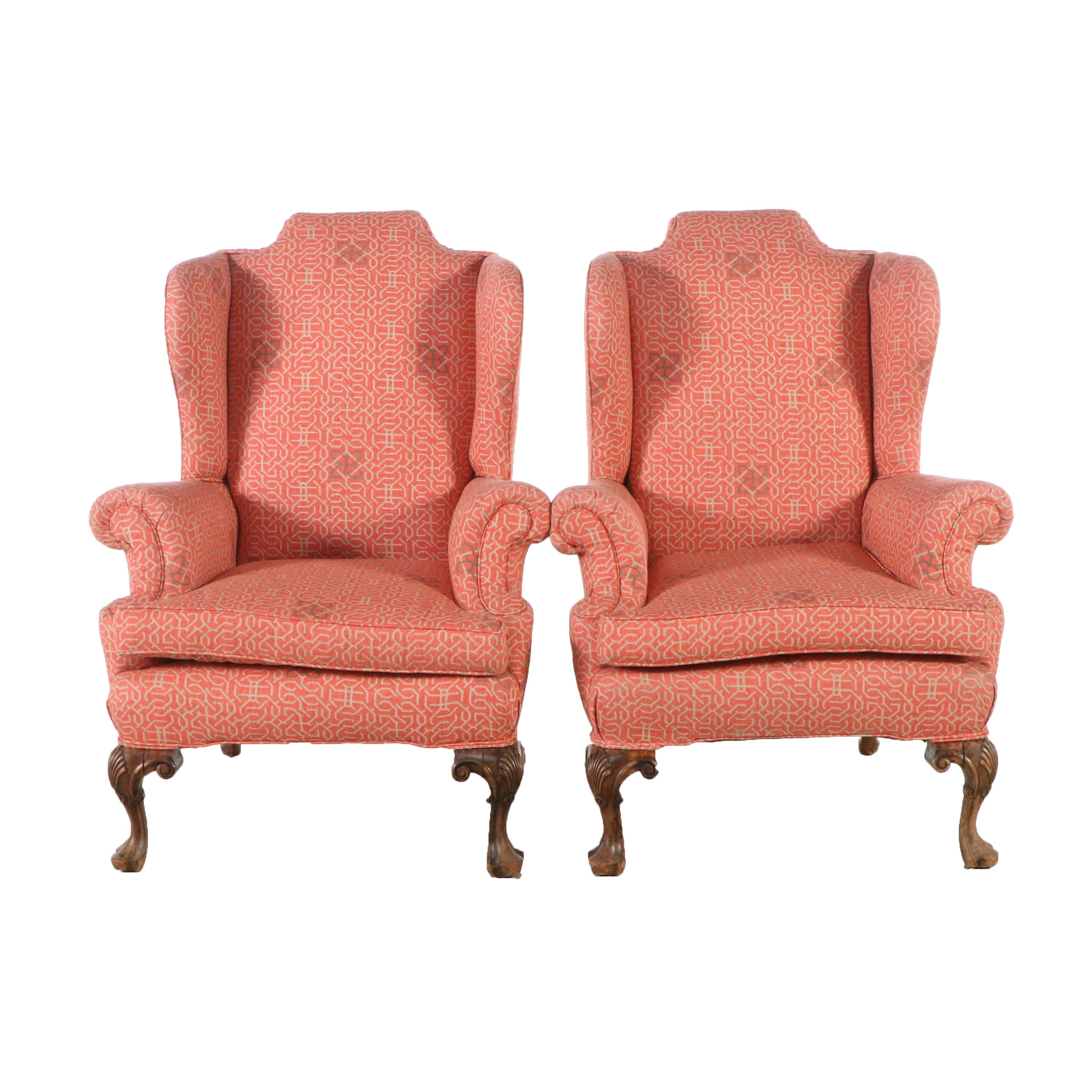 Pair of Chippendale Style Fabric Upholstered Wingback Armchairs