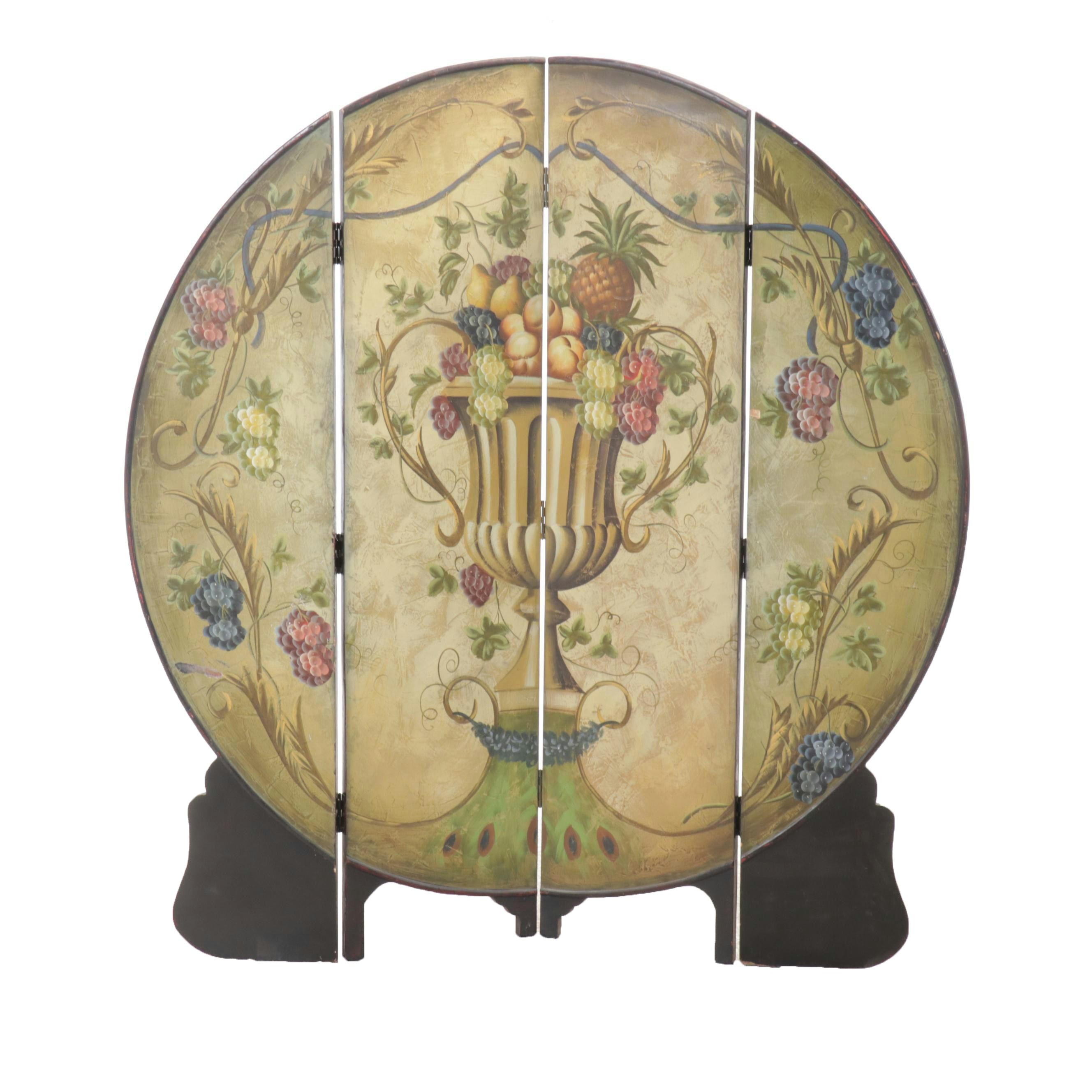 Hand-Painted Wood Four-Panel Round Folding Room Screen