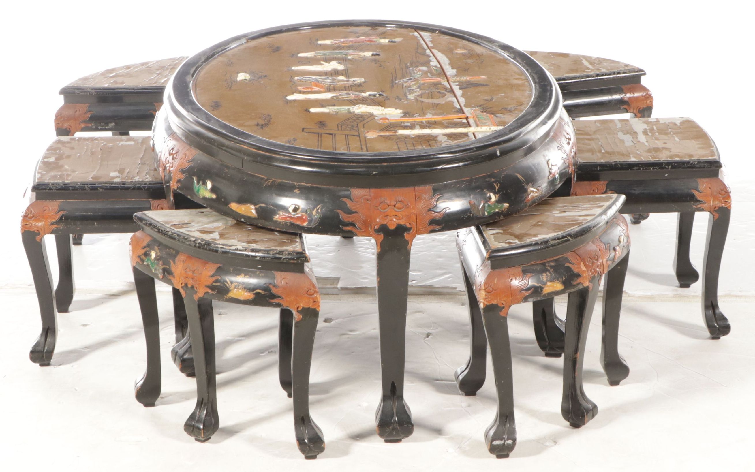 Chinese Hand-Decorated Lacquered Wood Coffee Table and Nesting Stools