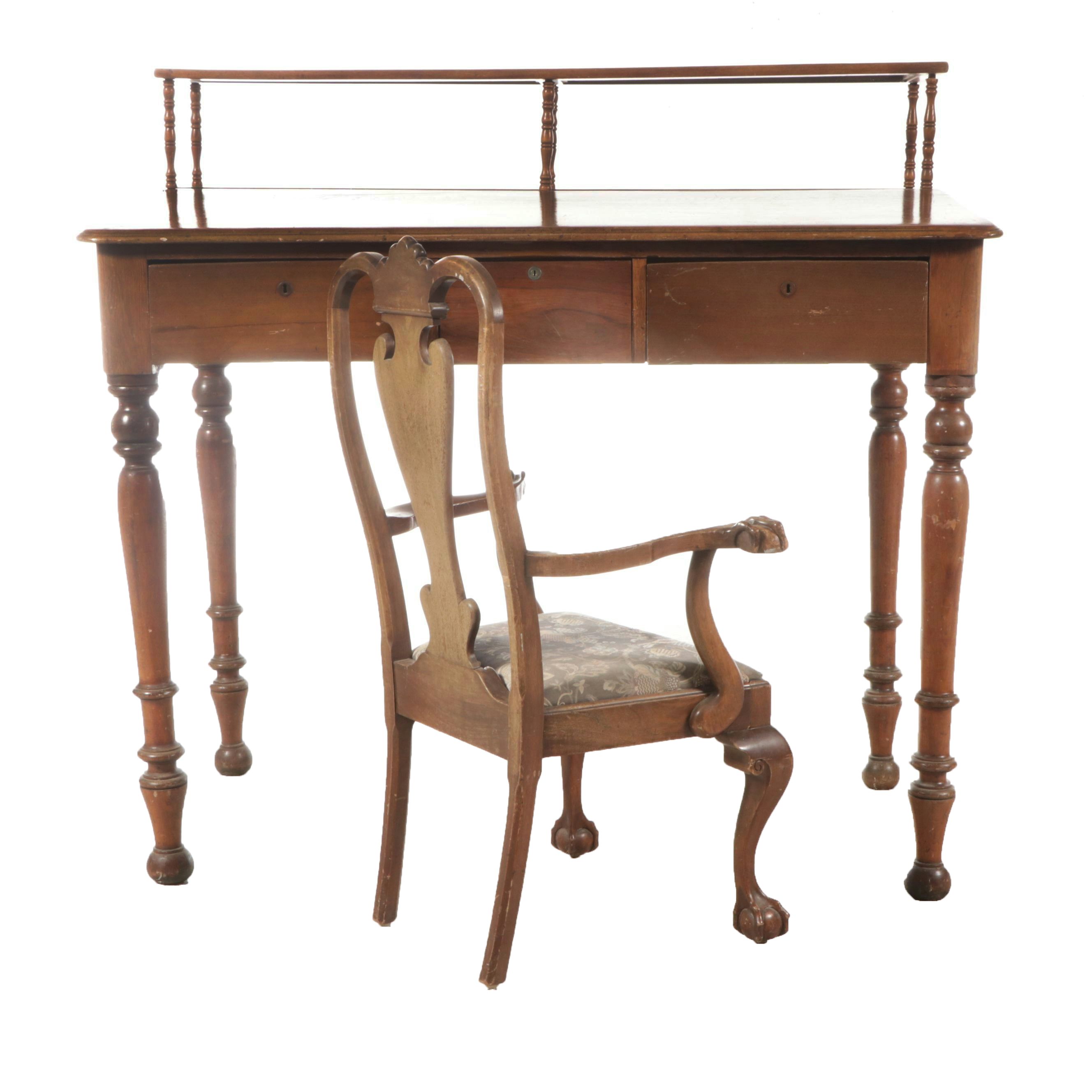 Sheraton Style Two Tier Clerks Desk with Queen Anne Style Mahogany Armchair