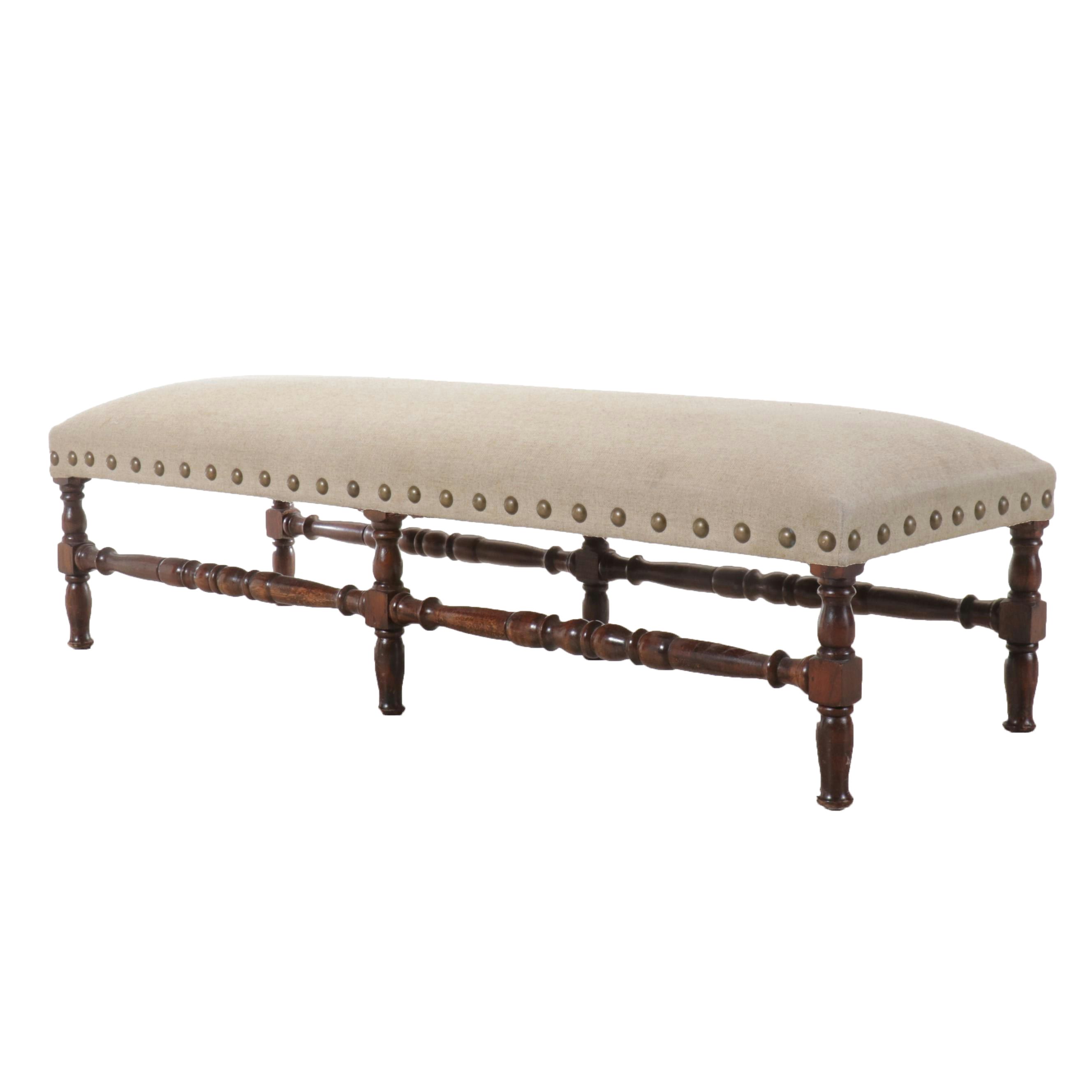 Spanish Baroque Style Nailhead Trimmed Fabric Upholstered Bench