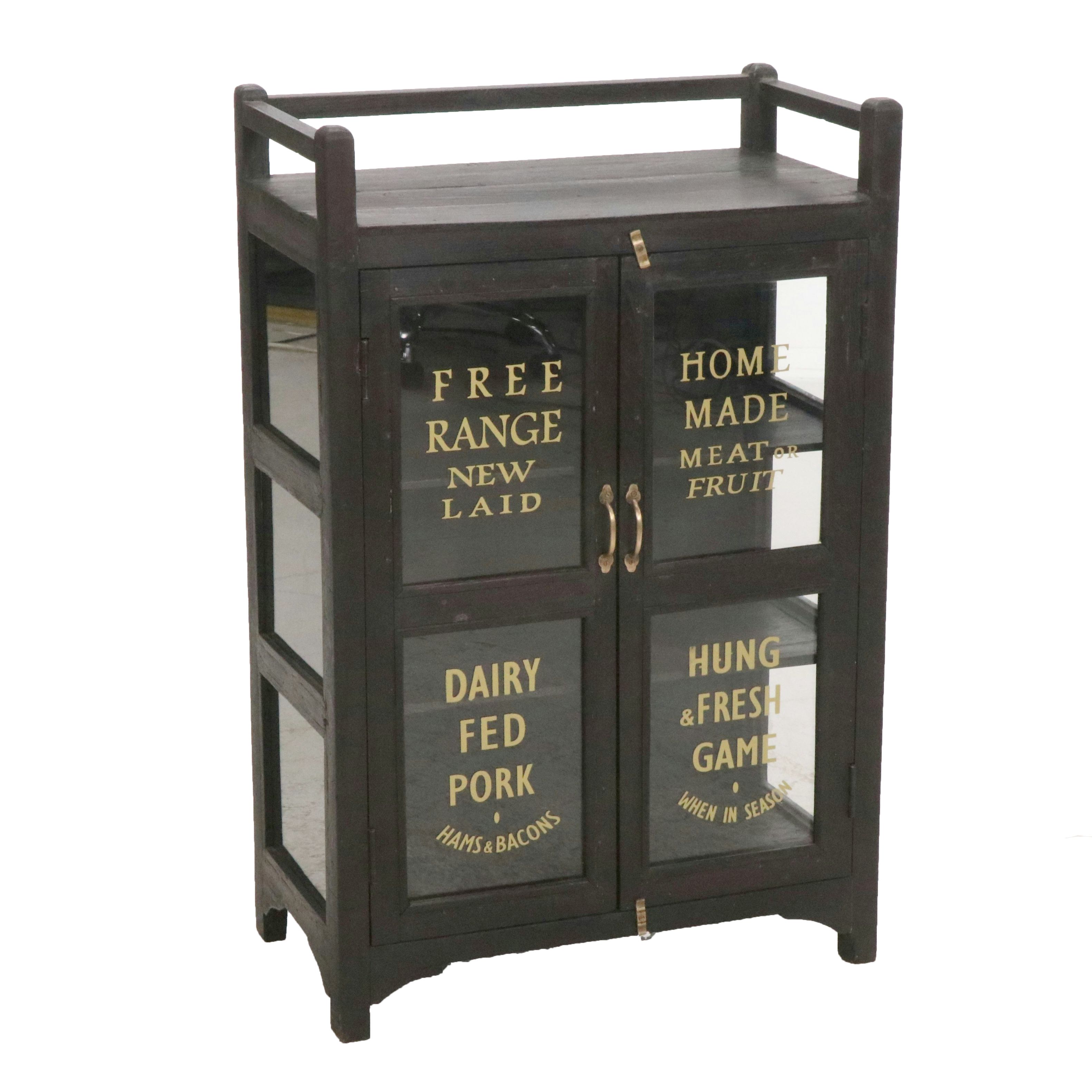 Arts & Crafts Style Painted Wood Glass Front Cabinet with Gilt Lettering