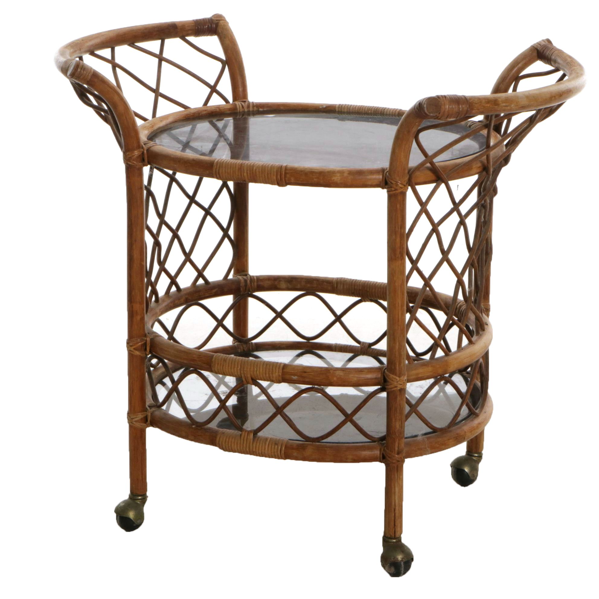 Mid Century Modern Bent Rattan Glass-Top Bar Cart