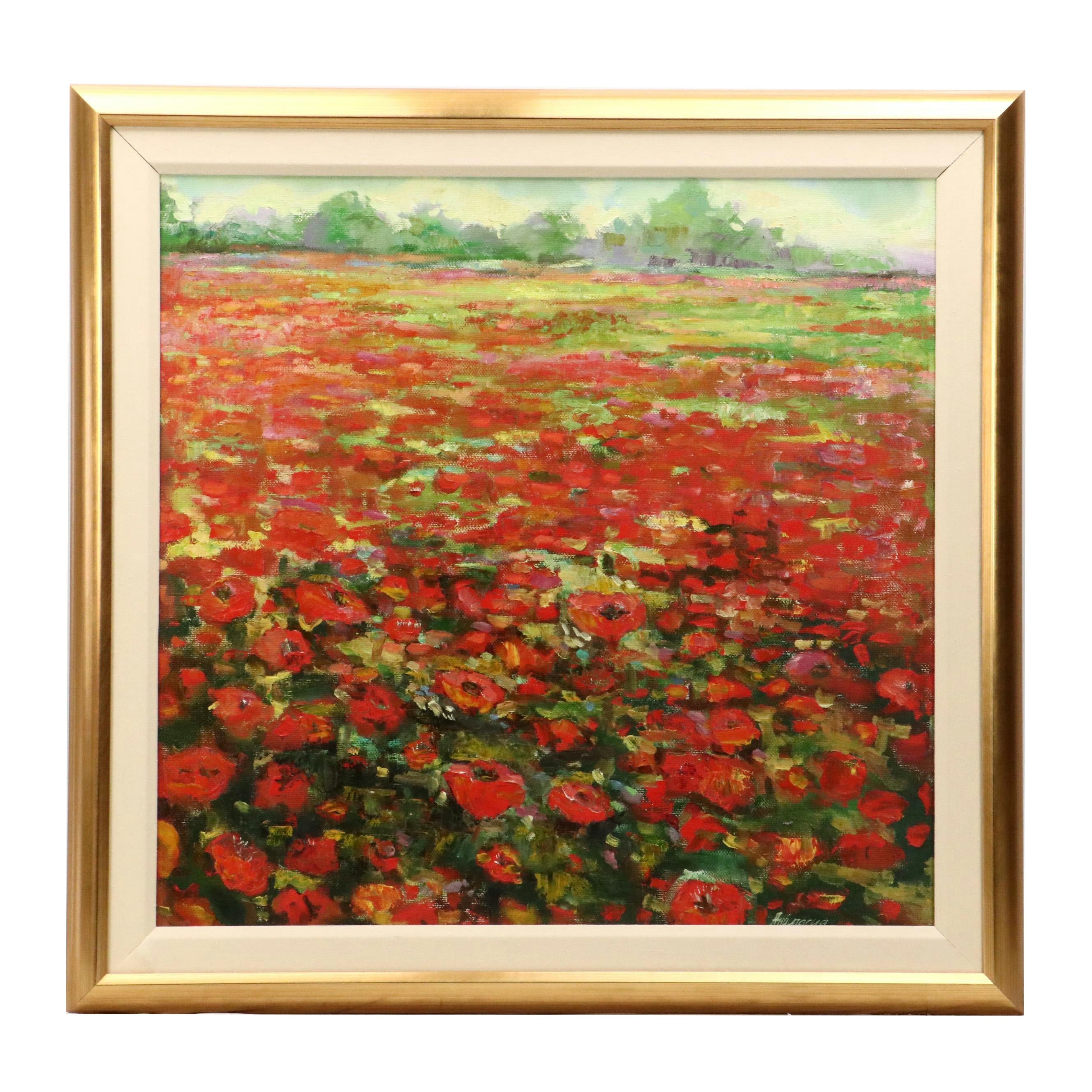 Russian School Impressionist Style Oil Paint of Field of Red Flowers