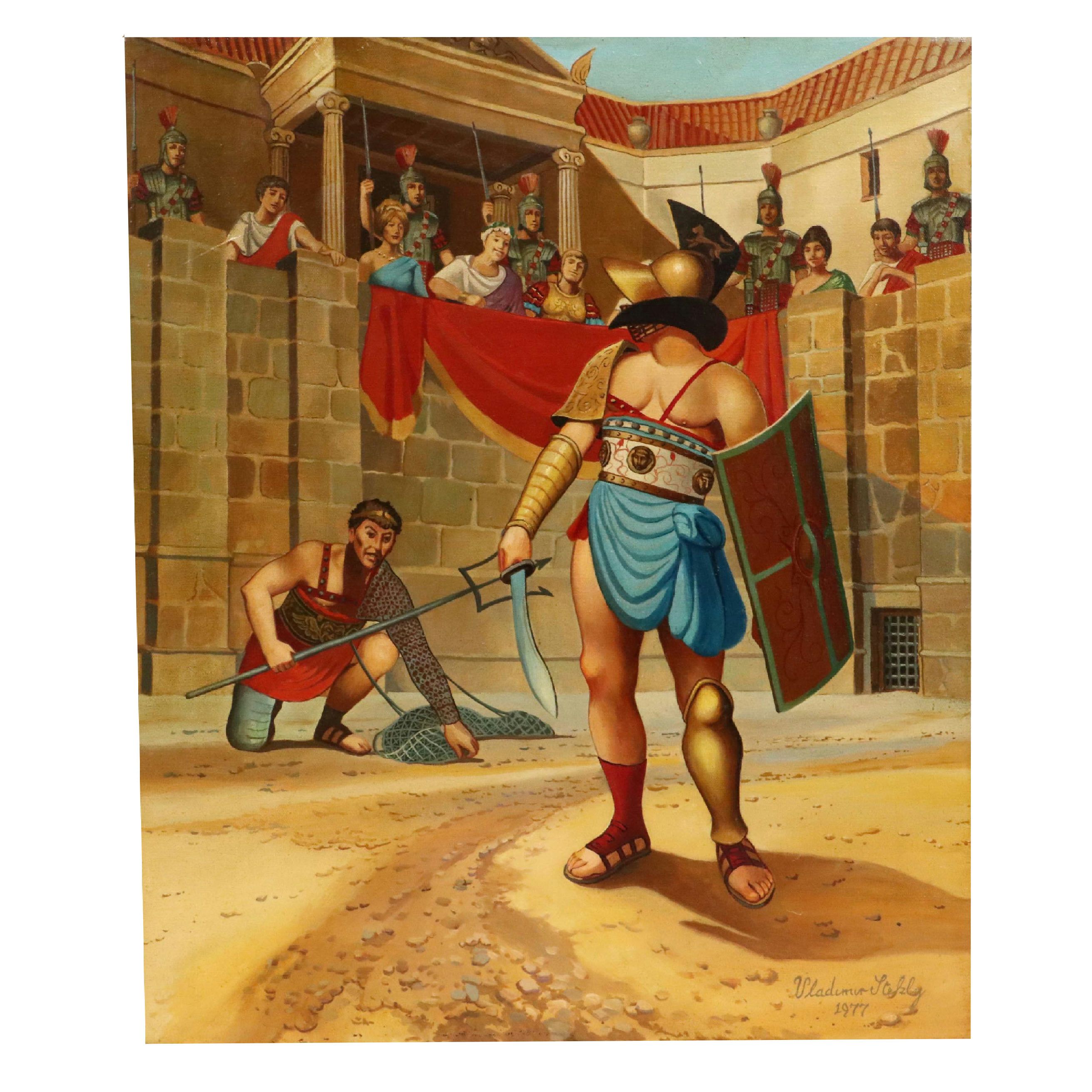 Vladimir Stekly Historical Genre Oil Painting "Gladiators," 1977
