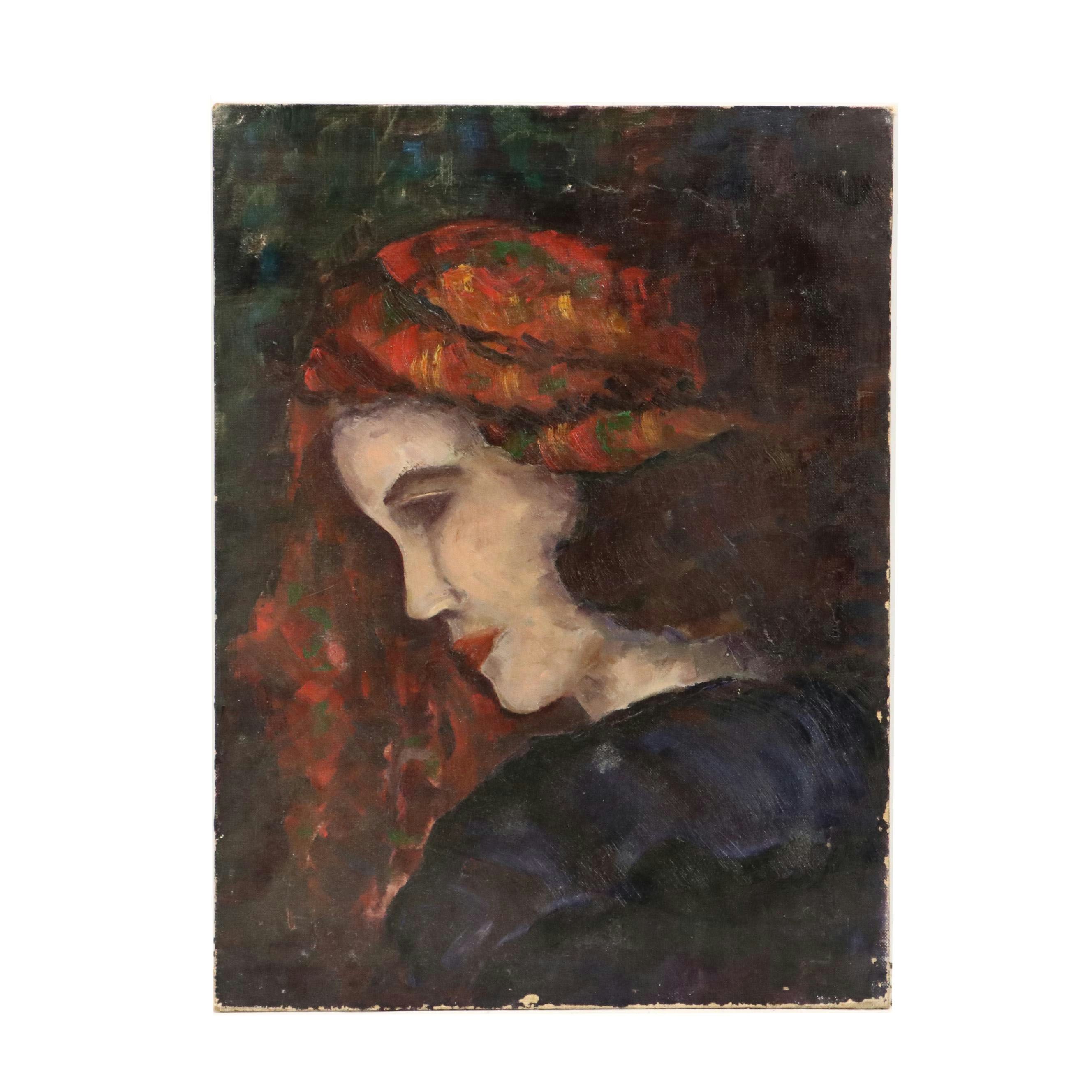 Stylized Oil Portrait Painting of Woman with Headscarf, 20th Century