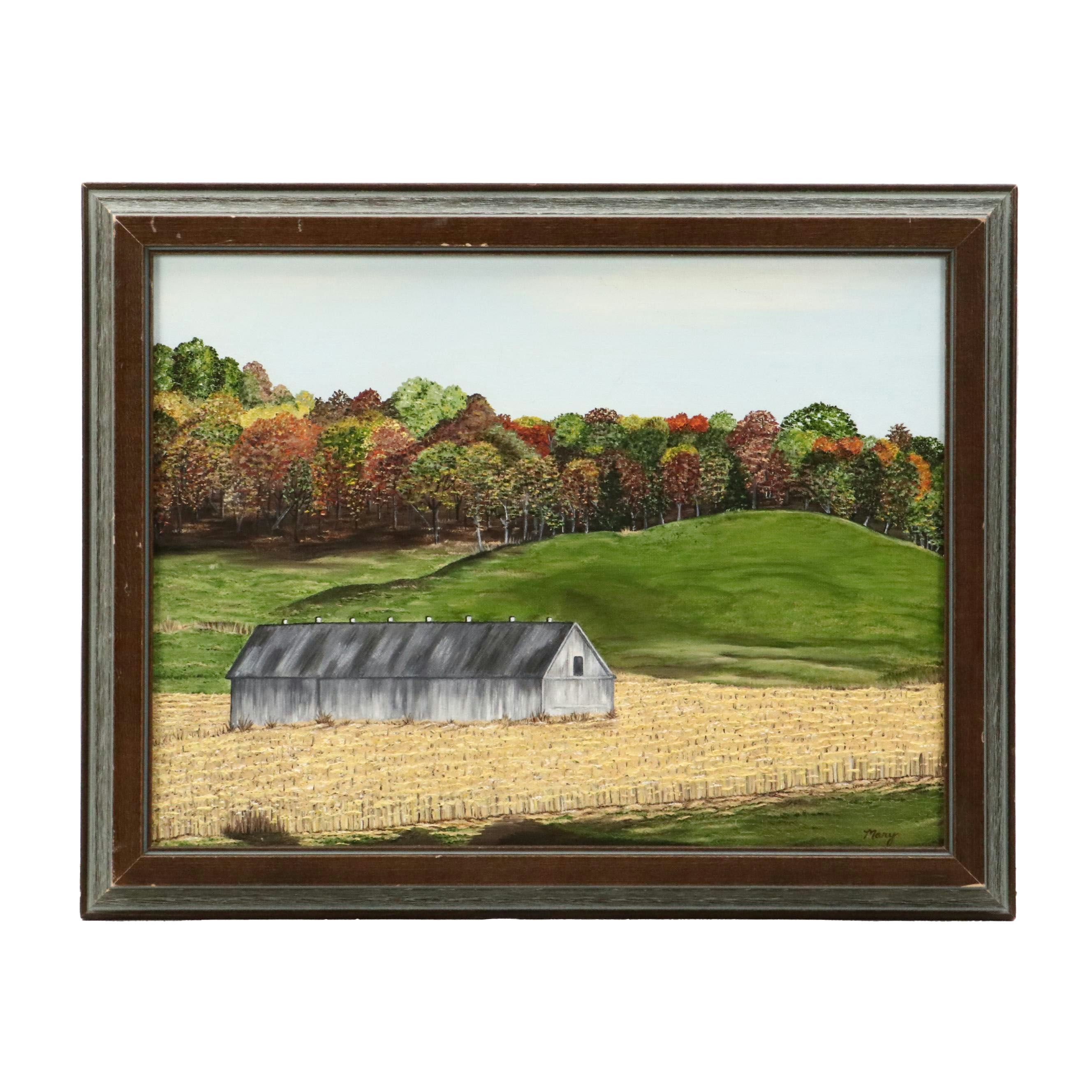 Folk Art Style Landscape Oil Painting of Farm and Forest