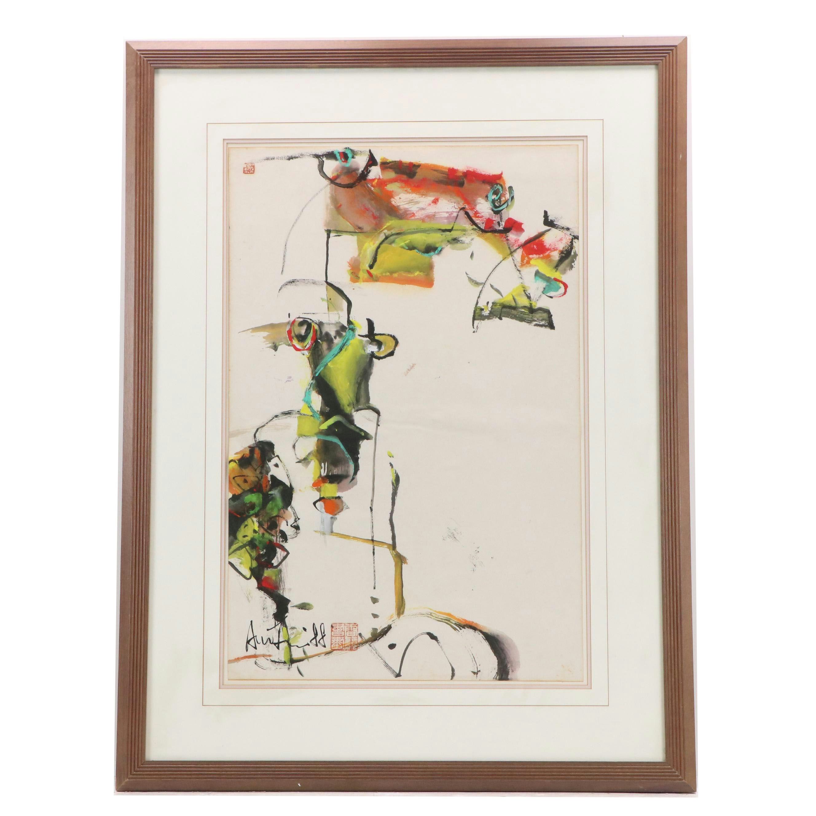 East Asian Abstract Gouache Painting, Circa 1965