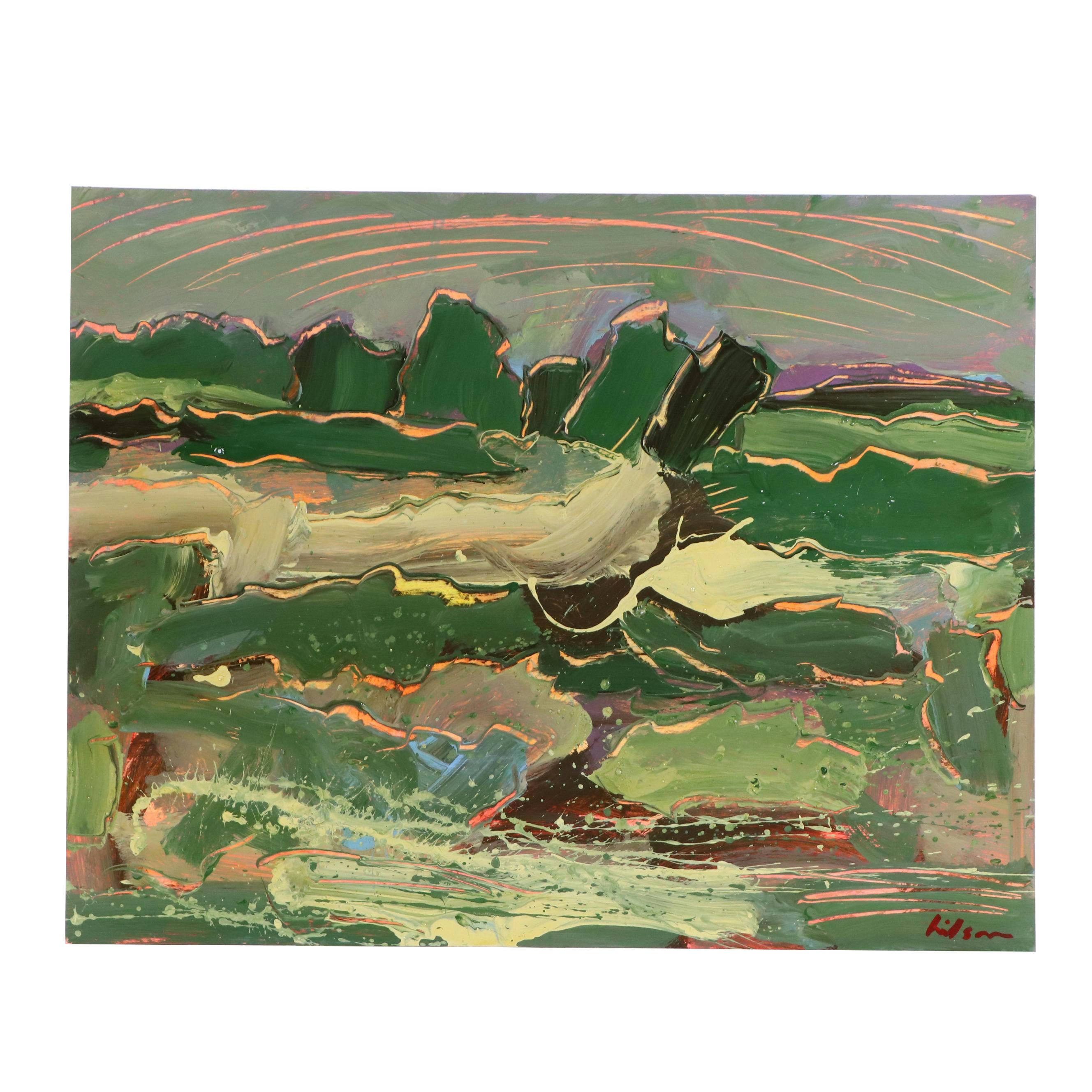 Harry Hilson Expressionist Landscape Acrylic Painting, Late 20th Century